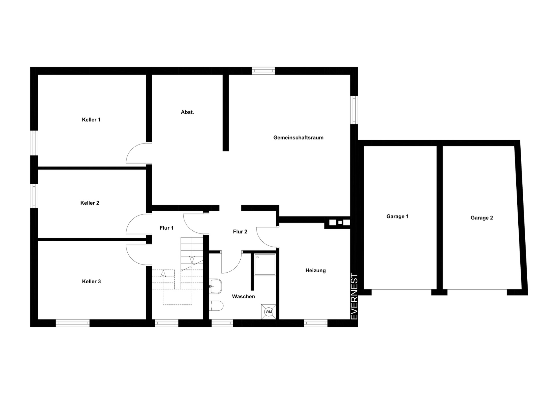 Grundriss mit Kellerräumen, Gemeinschaftsraum, Waschküche, Heizung und zwei Garagen.
