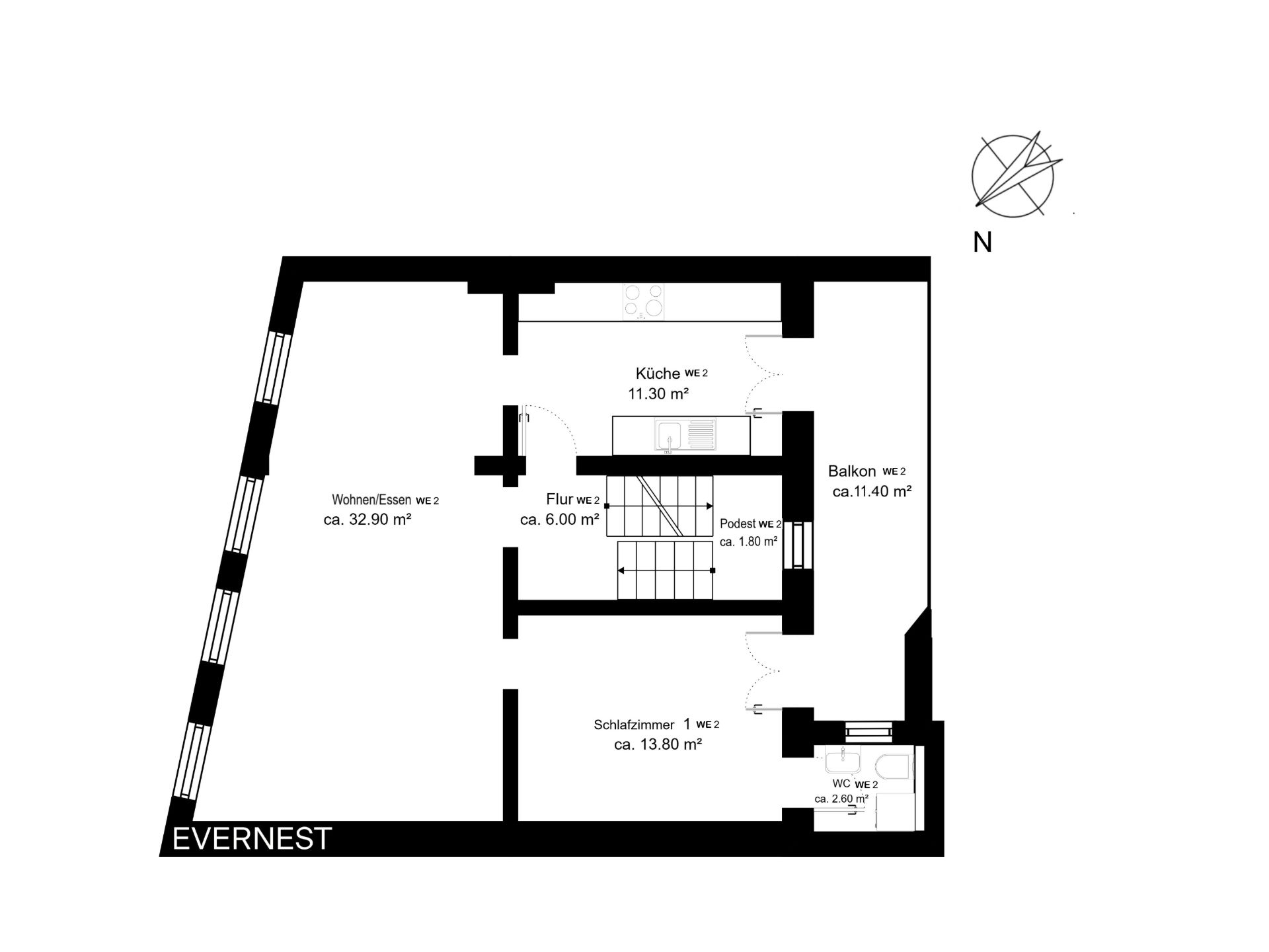 Grundriss einer Wohnung mit Wohnzimmer, Küche, Schlafzimmer, Flur, Balkon und WC.