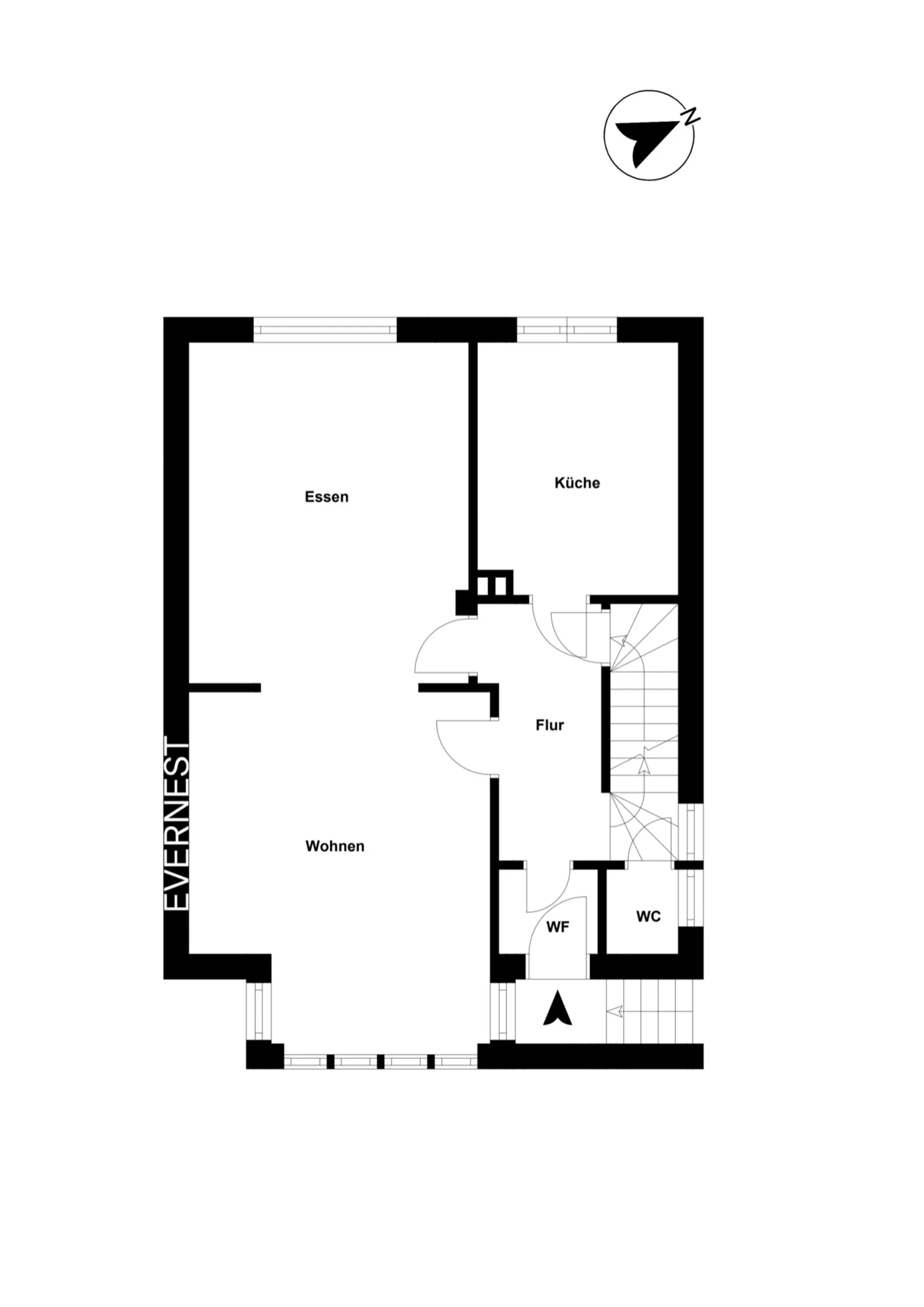 Grundriss mit Räumen: Wohnen, Essen, Küche, Flur, WC und WF.