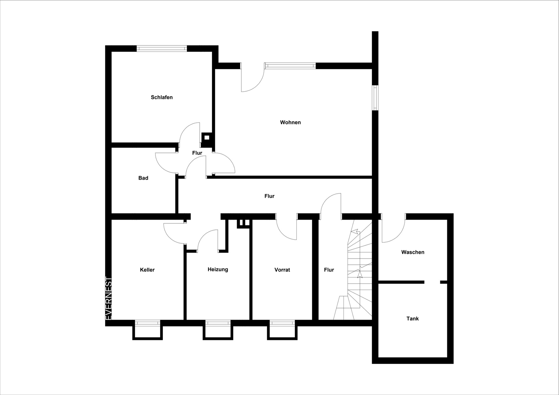 Grundriss mit Räumen: Schlafen, Wohnen, Bad, Keller, Heizung, Vorrat, Flur, Waschen und Tank.