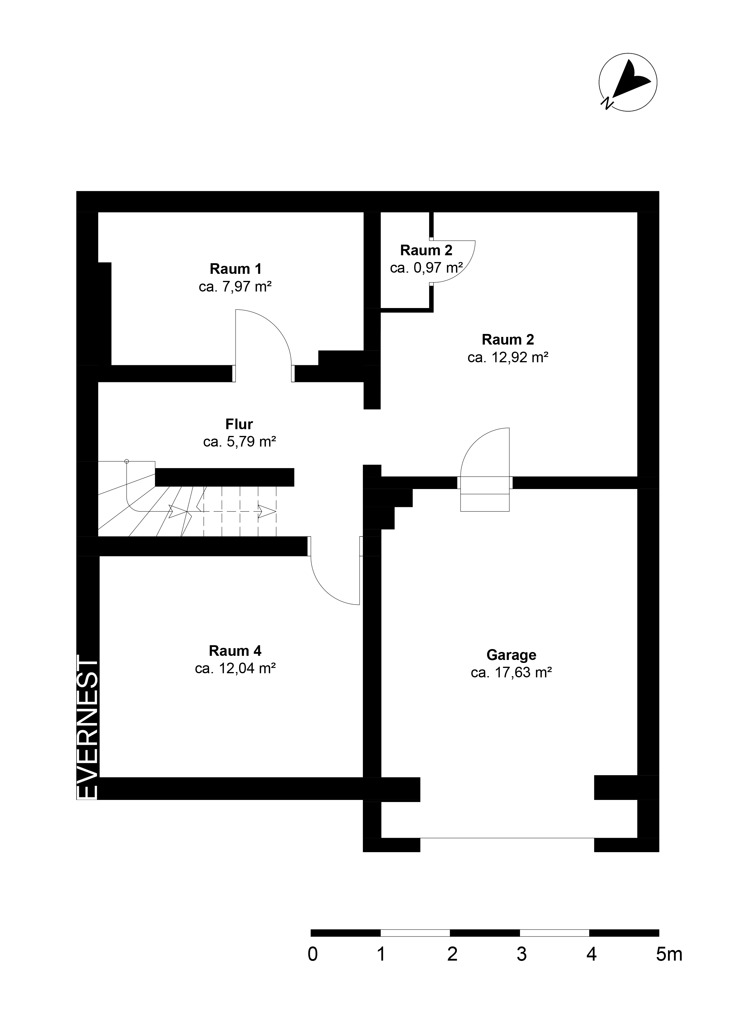 Grundriss mit vier Räumen, Flur und Garage, Räume sind beschriftet und maßlich angegeben.