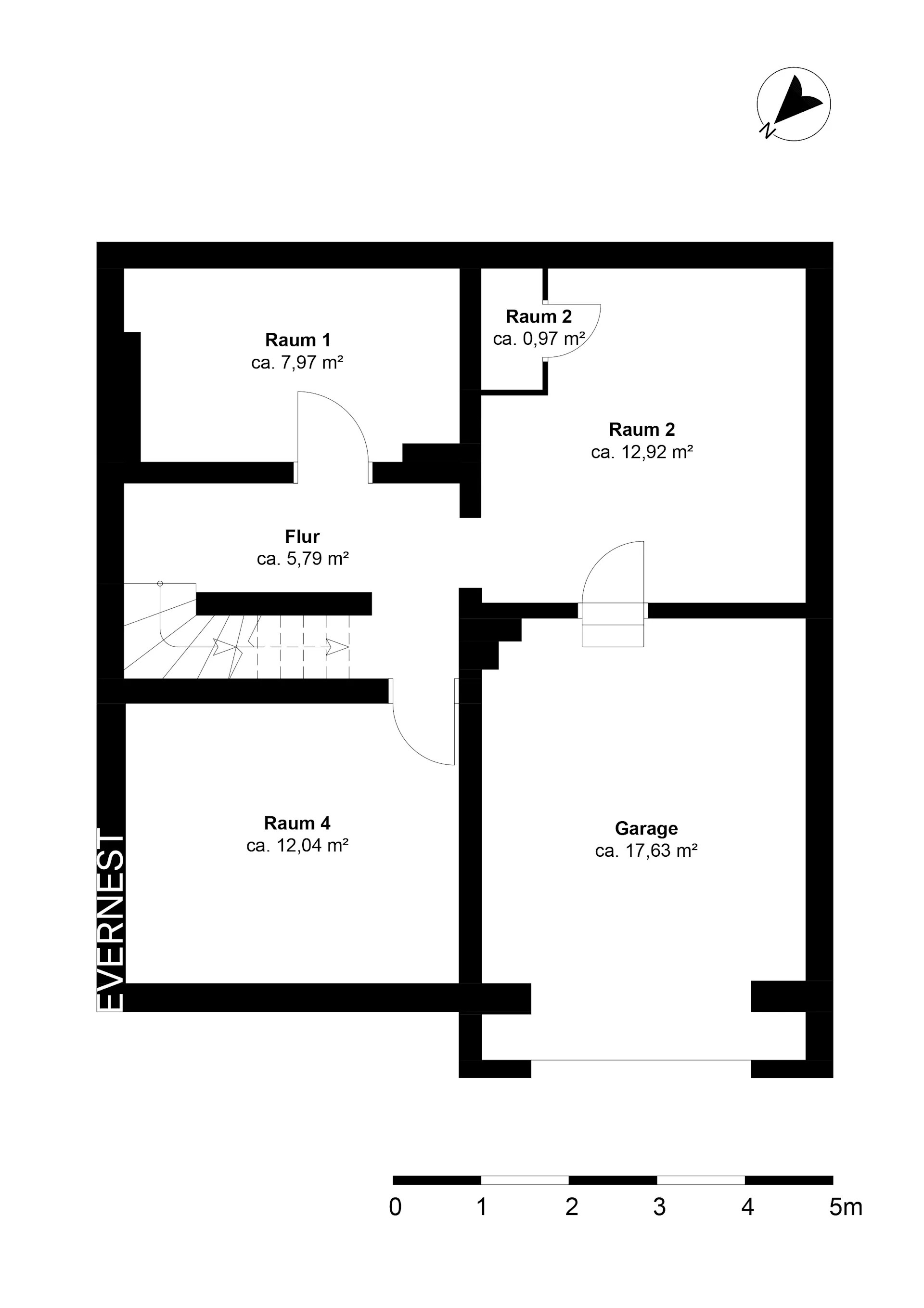 Grundriss mit vier Räumen, Flur und Garage, Räume sind beschriftet und maßlich angegeben.