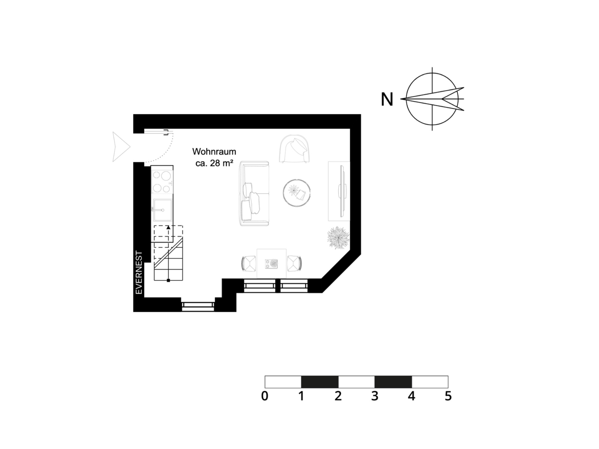 Grundriss eines Wohnraums mit Küche, Sofa, Tisch und drei Fenstern, ca. 28 m².