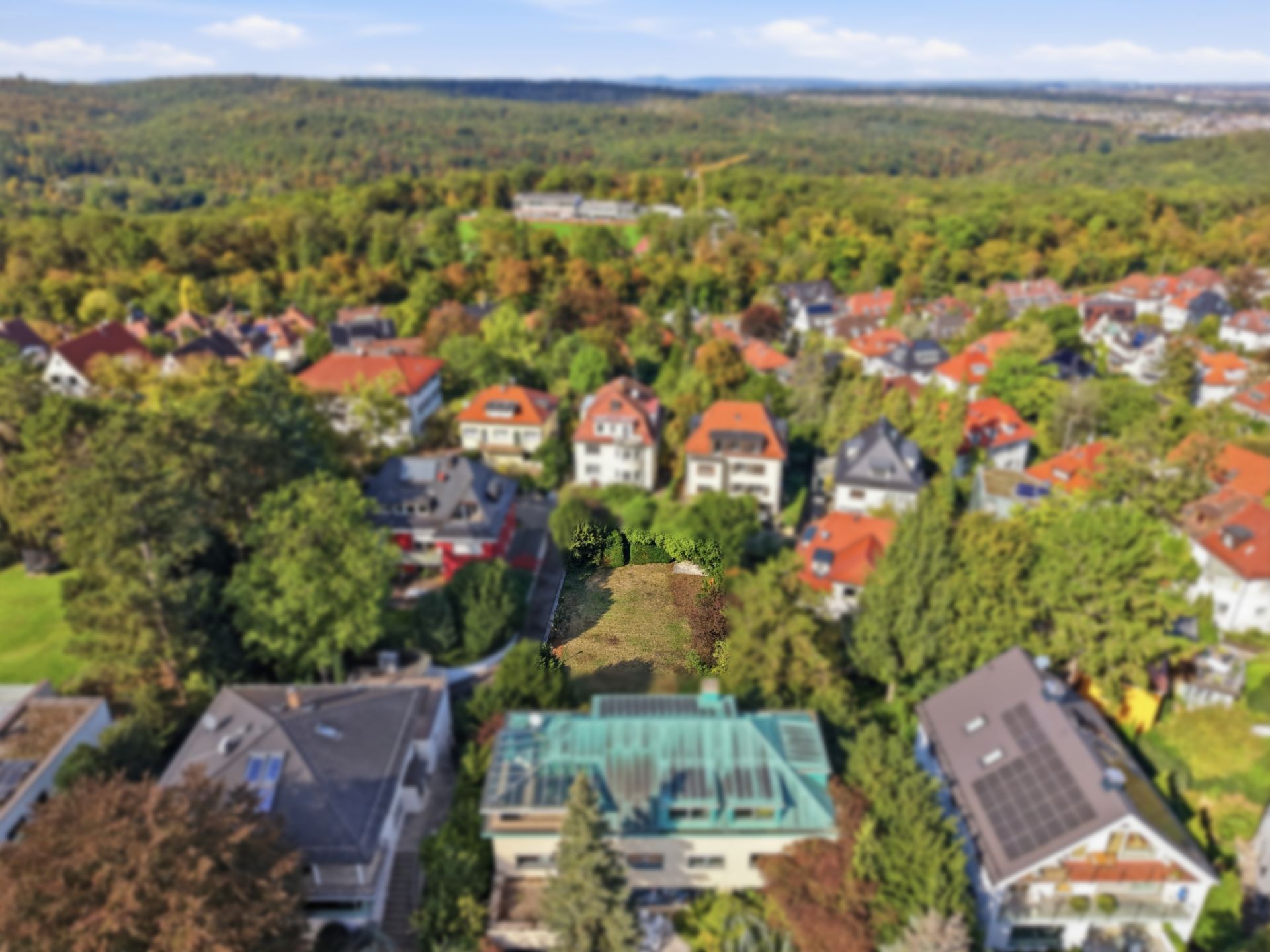 Luftbild von Wohnhäusern mit Gärten und vielen Bäumen in einer grünen Gegend.