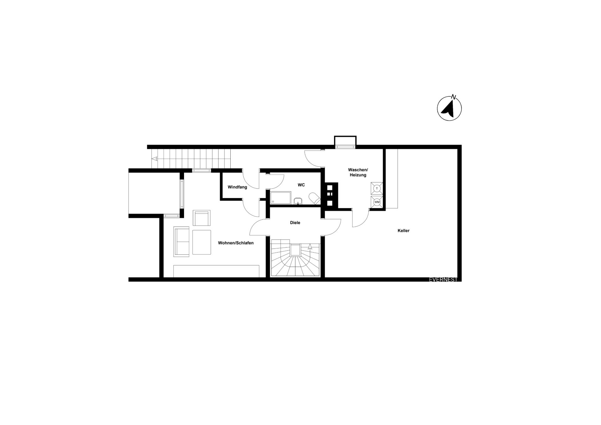 Grundriss mit Wohnzimmer/Schlafzimmer, Diele, Windfang, WC, Waschraum und Keller.