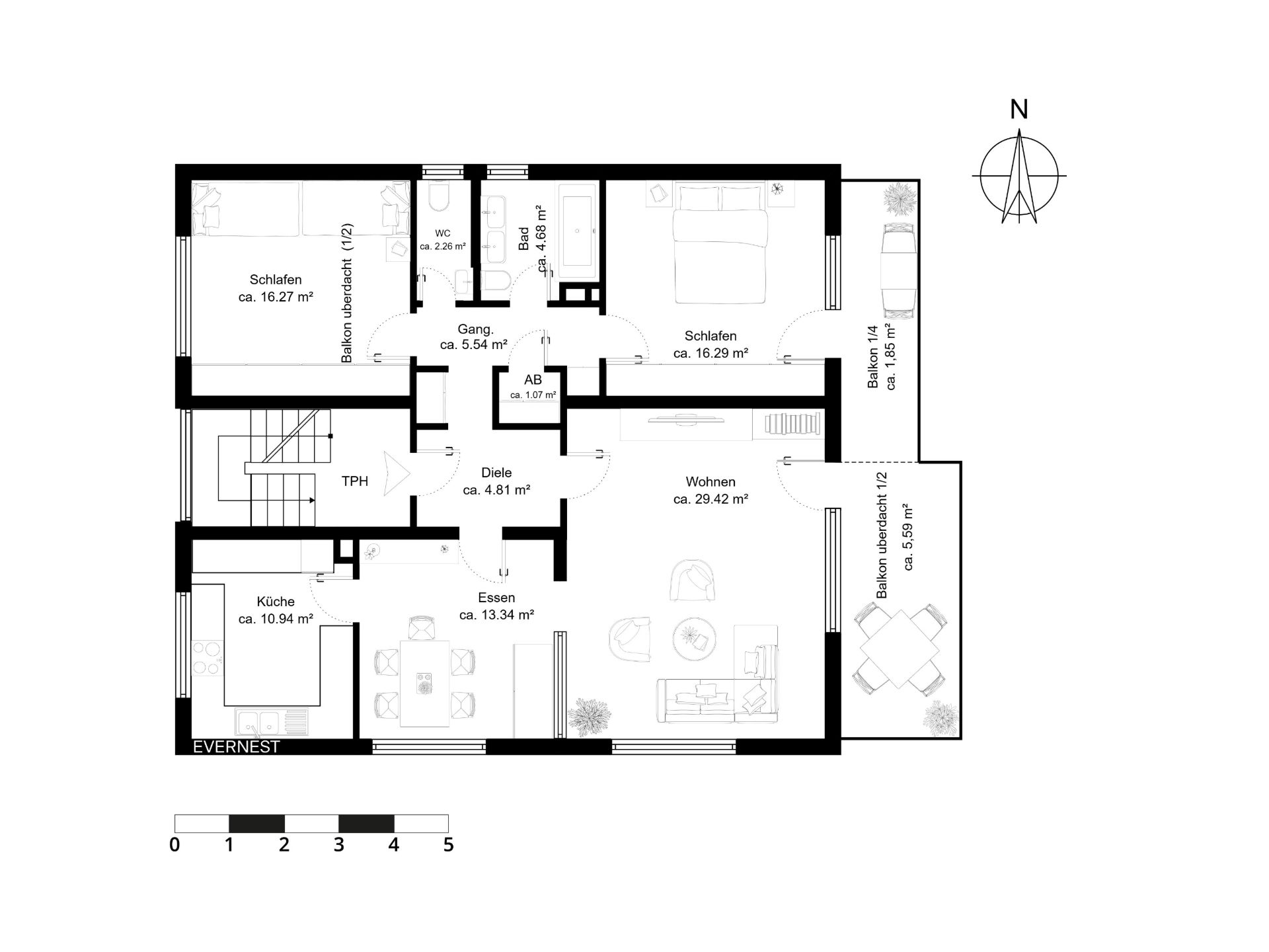 Grundriss einer Wohnung mit zwei Schlafzimmern, Küche, Bad, Wohnzimmer, zwei Balkonen und Essbereich.
