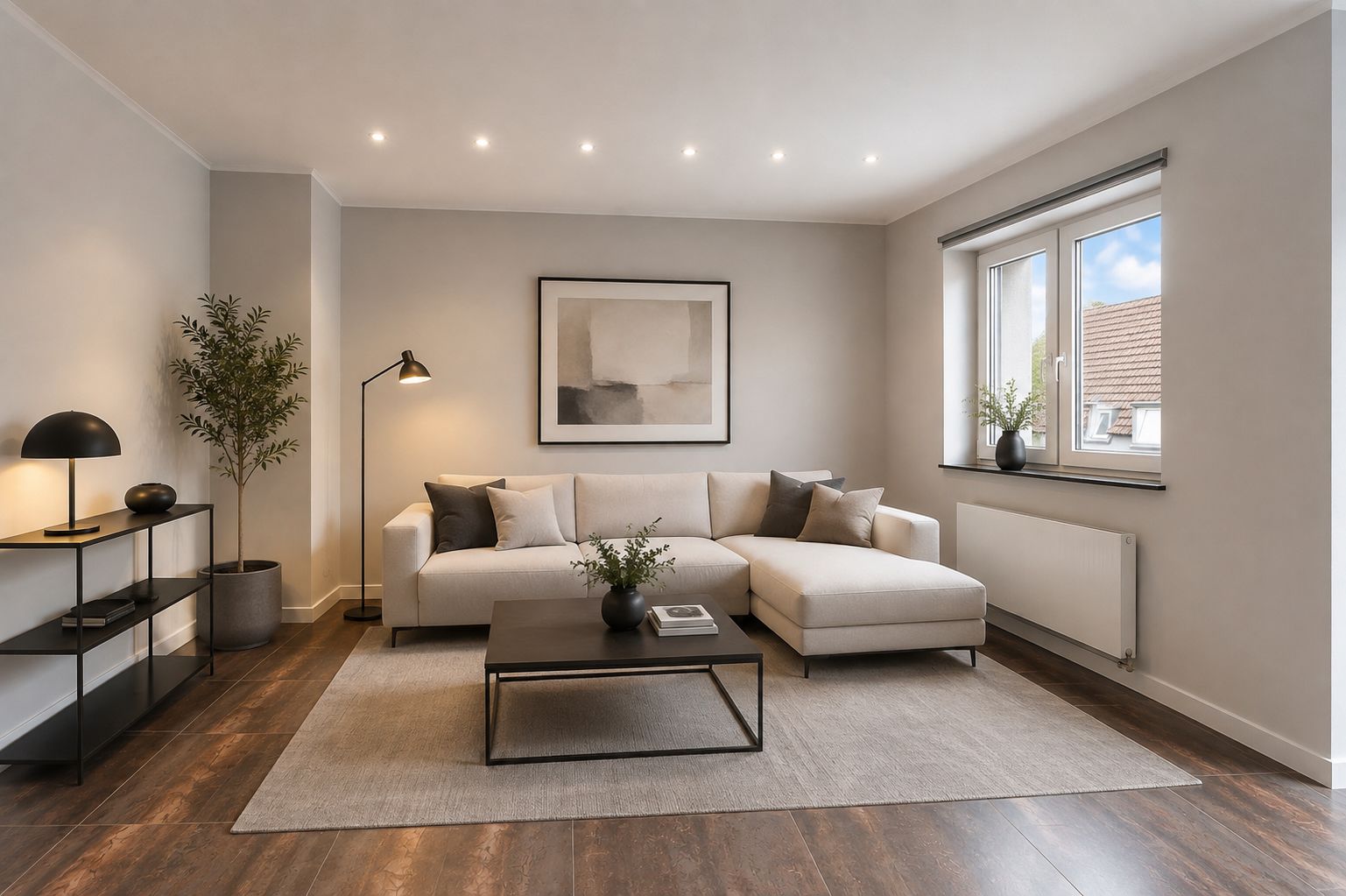 Modernes Wohnzimmer mit heller Eckcouch, Couchtisch und großem Fenster.
