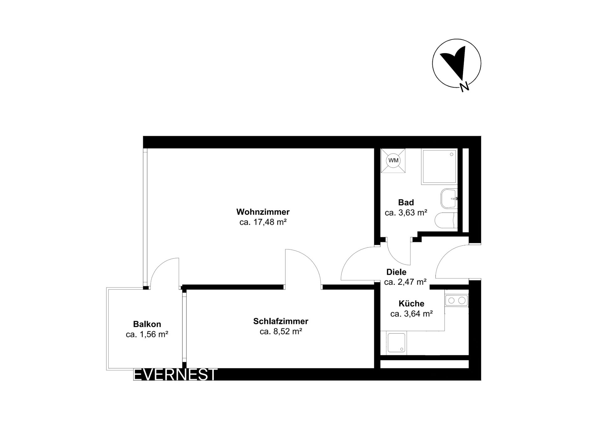 Grundriss einer Wohnung mit Wohnzimmer, Schlafzimmer, Küche, Bad, Diele und Balkon.