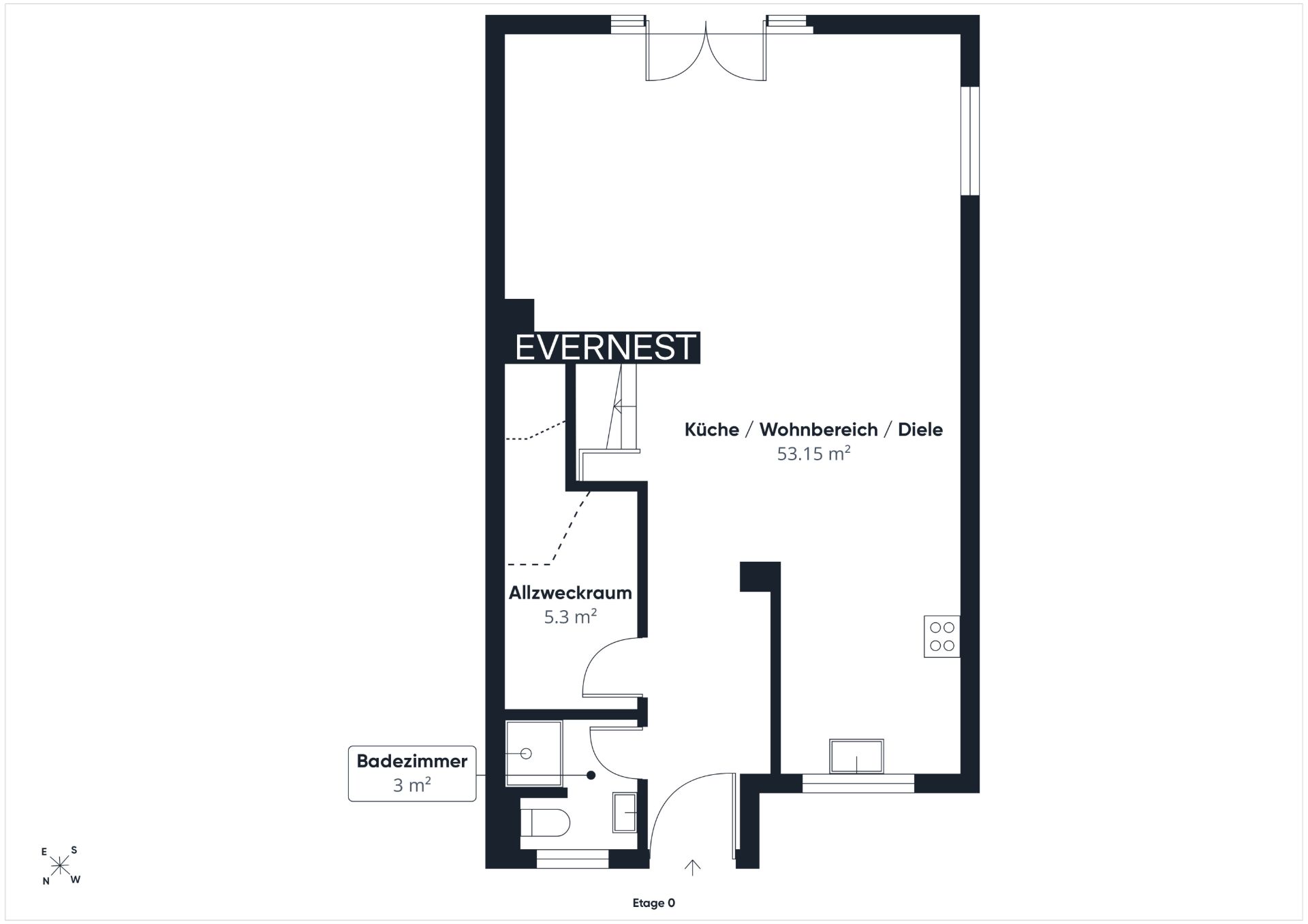 Grundriss mit Wohnbereich, Küche, Badezimmer und Allzweckraum auf einer Etage.