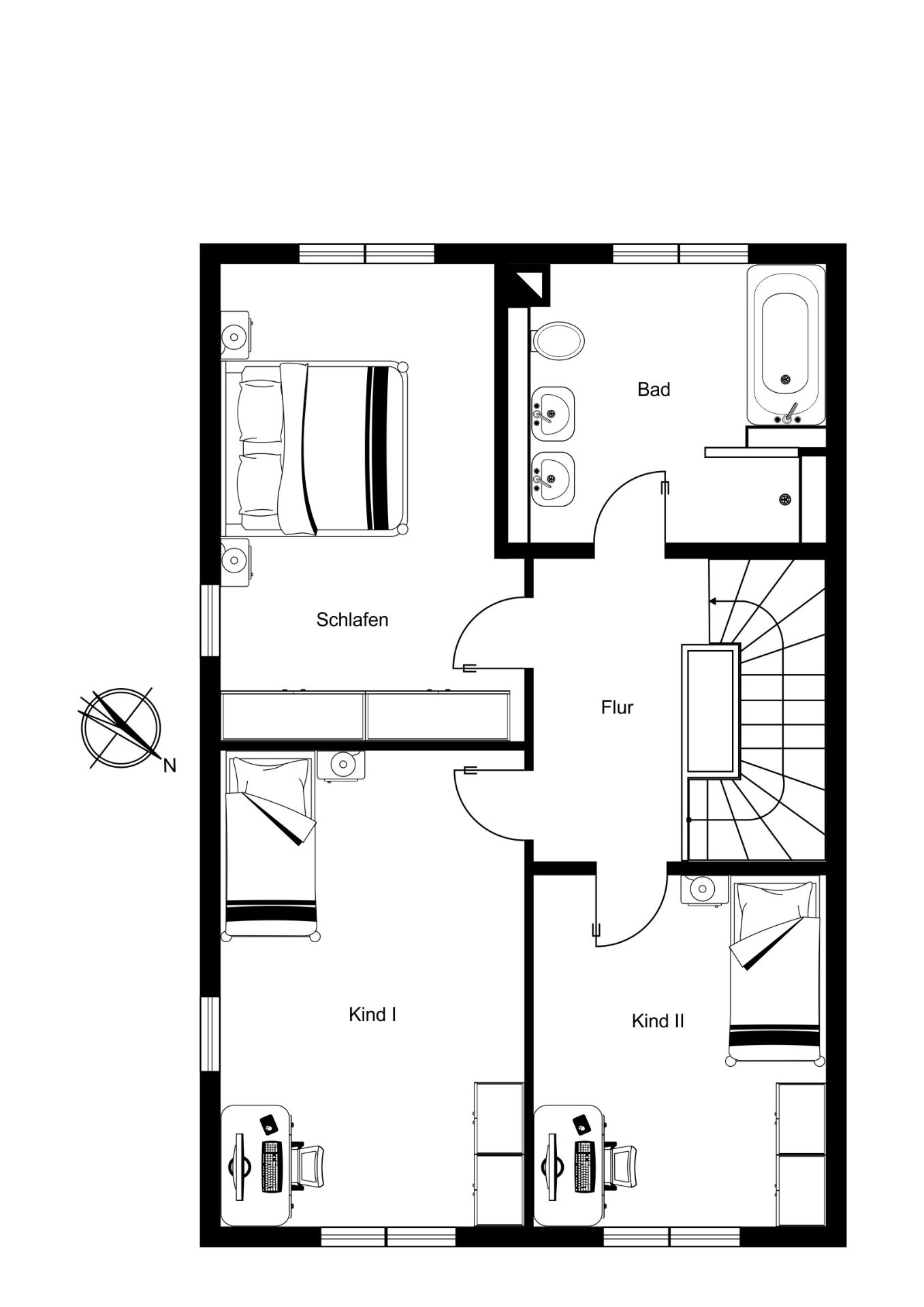 Grundriss mit Schlafzimmer, zwei Kinderzimmern, Bad und Flur.