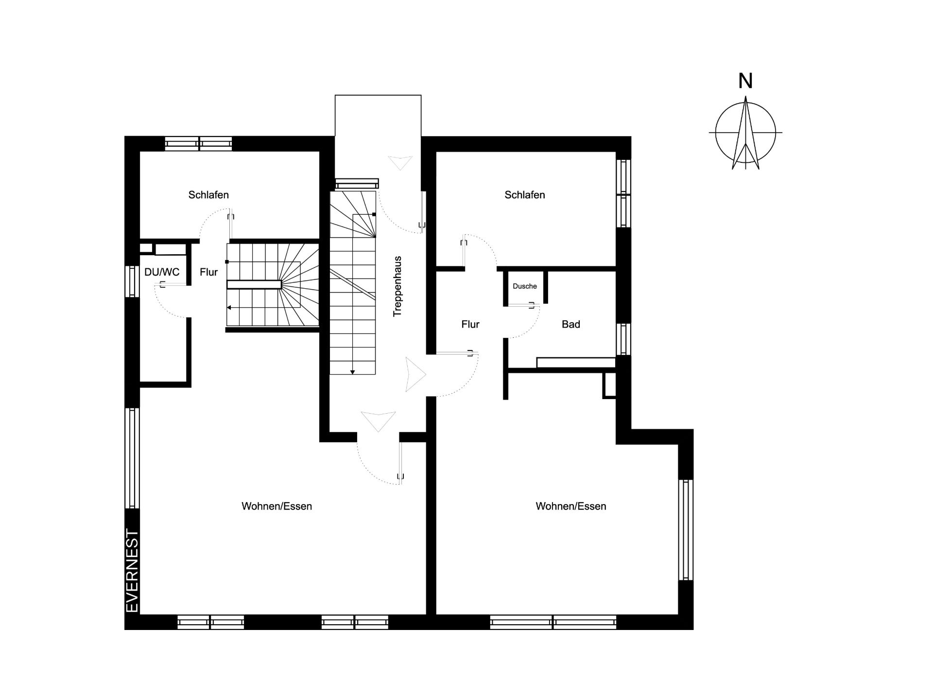 Grundriss einer Wohnung mit zwei Schlafzimmern, zwei Bädern, Flur, Wohn-/Essbereich und Treppenhaus.