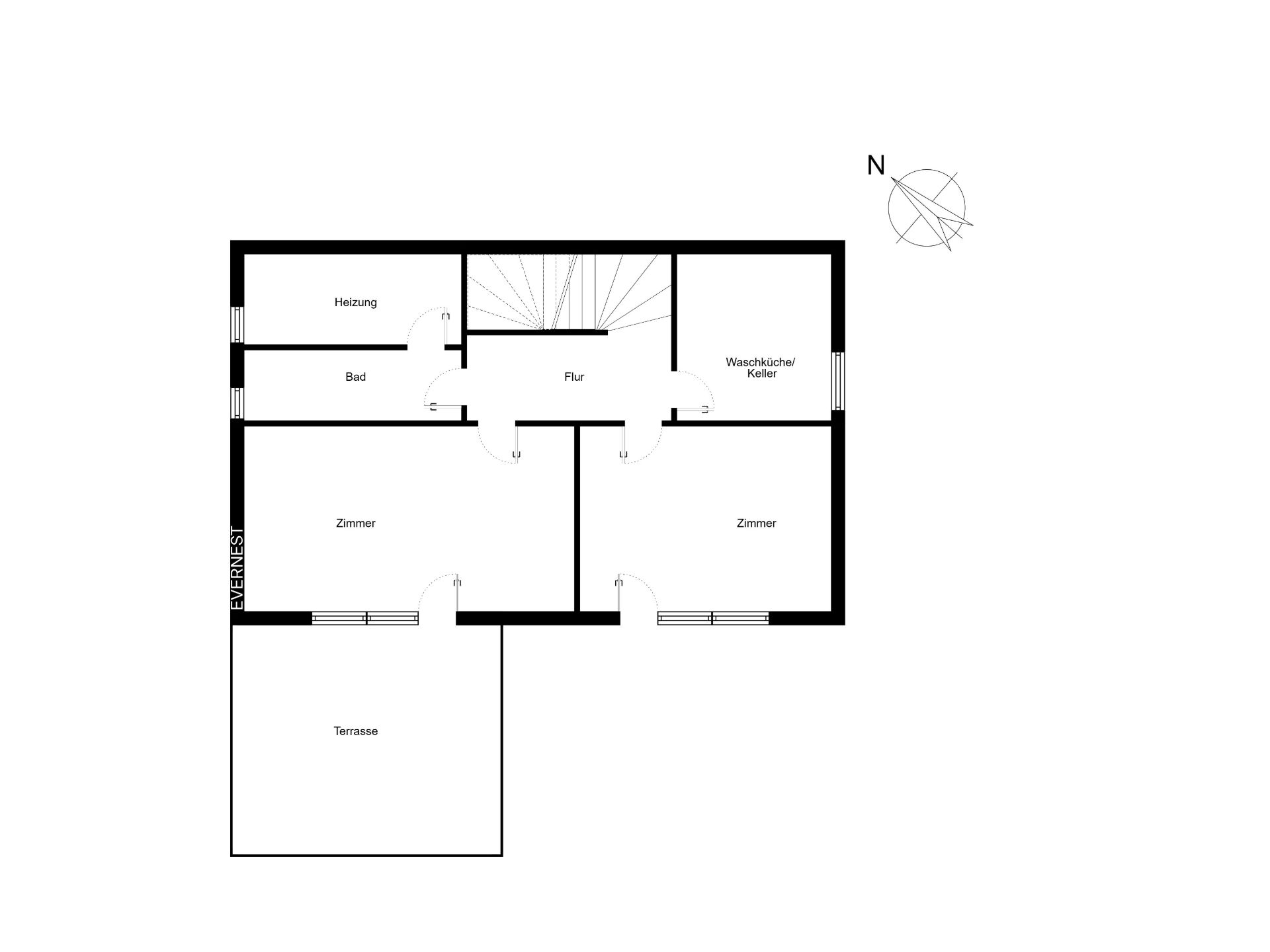 Grundriss mit Flur, zwei Zimmern, Bad, Heizung, Waschraum/Keller und Terrasse.