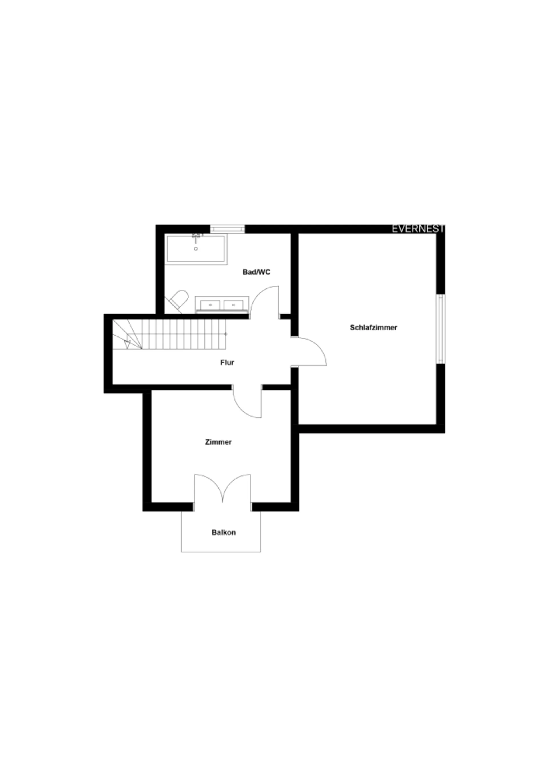 Grundriss zeigt Schlafzimmer, Bad/WC, Flur, Zimmer und Balkon.