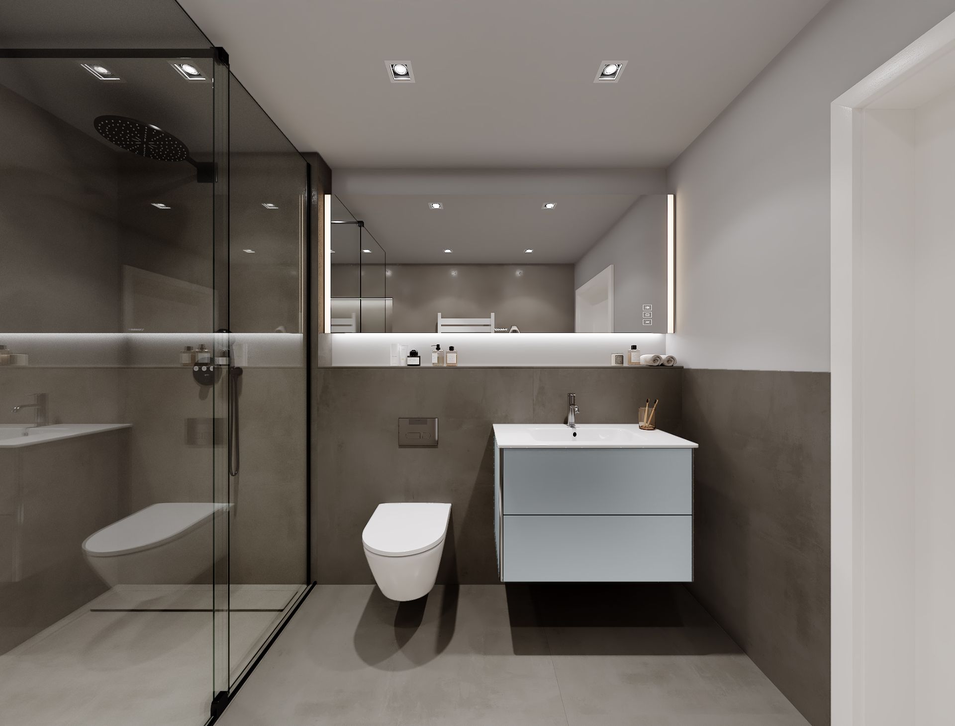 Modernes Badezimmer mit Glasdusche, Wandtoilette, Waschbecken und großem Spiegel.