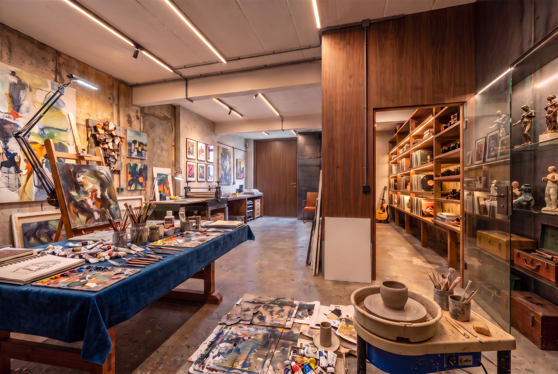 Helles Atelier mit Malutensilien, Gemälden an den Wänden und Regalen mit Skulpturen und Büchern.