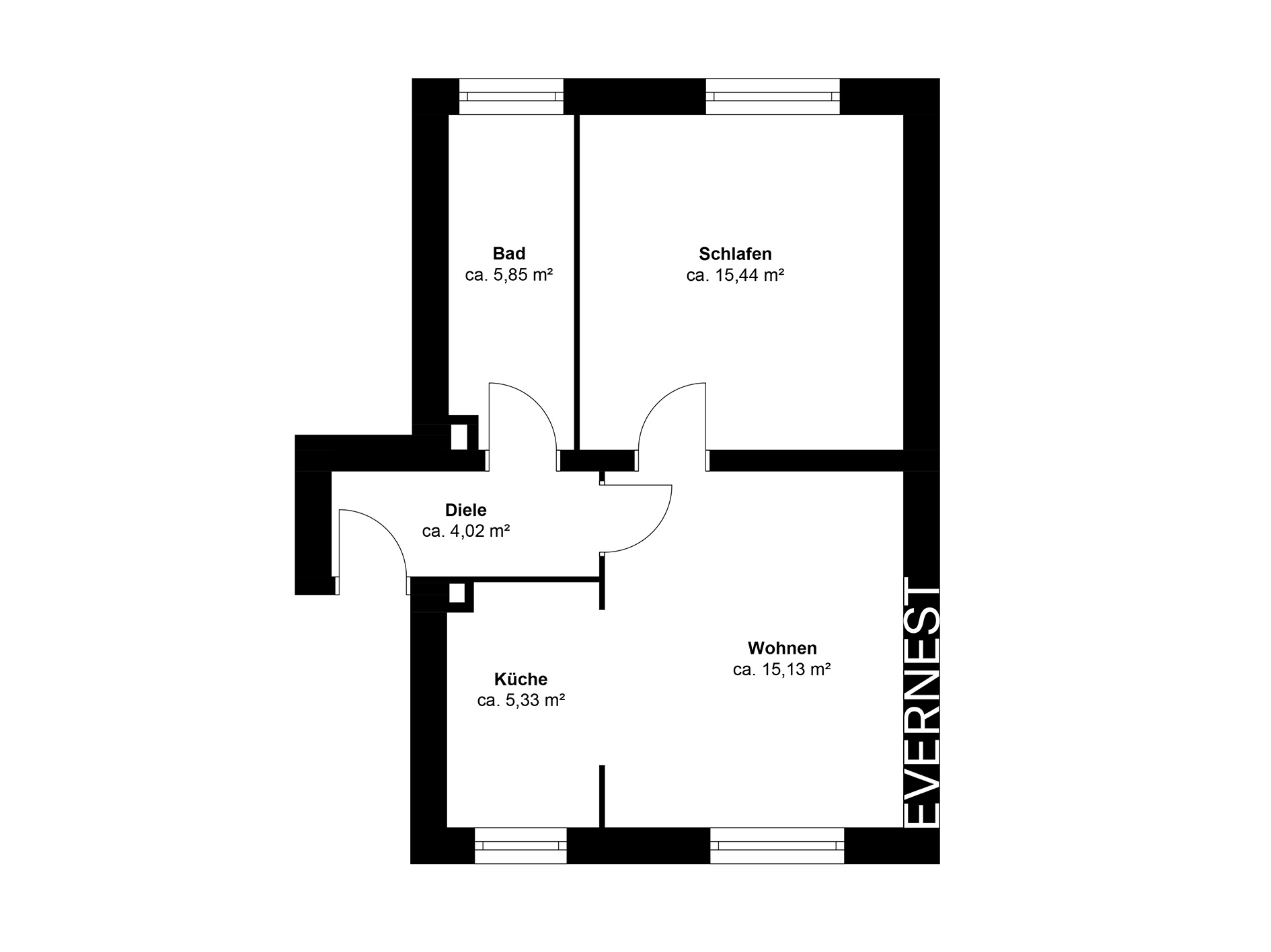 Grundriss mit Schlafzimmer, Wohnzimmer, Bad, Küche und Diele, Flächen in Quadratmetern angegeben.