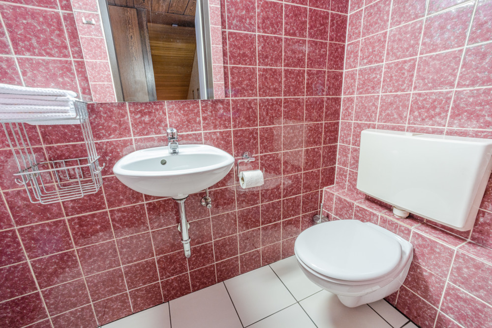 Kleines Badezimmer mit rotem Fliesenspiegel, Waschbecken und Wandtoilette.
