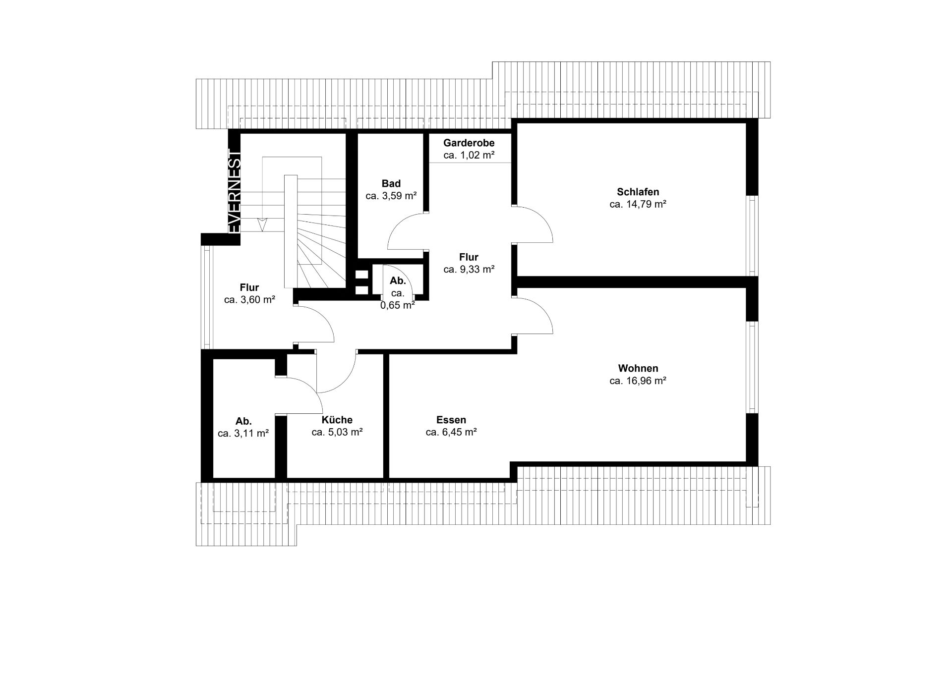 Grundriss einer Wohnung mit Schlafzimmer, Wohnzimmer, Küche, Bad, Flur und Abstellräumen.