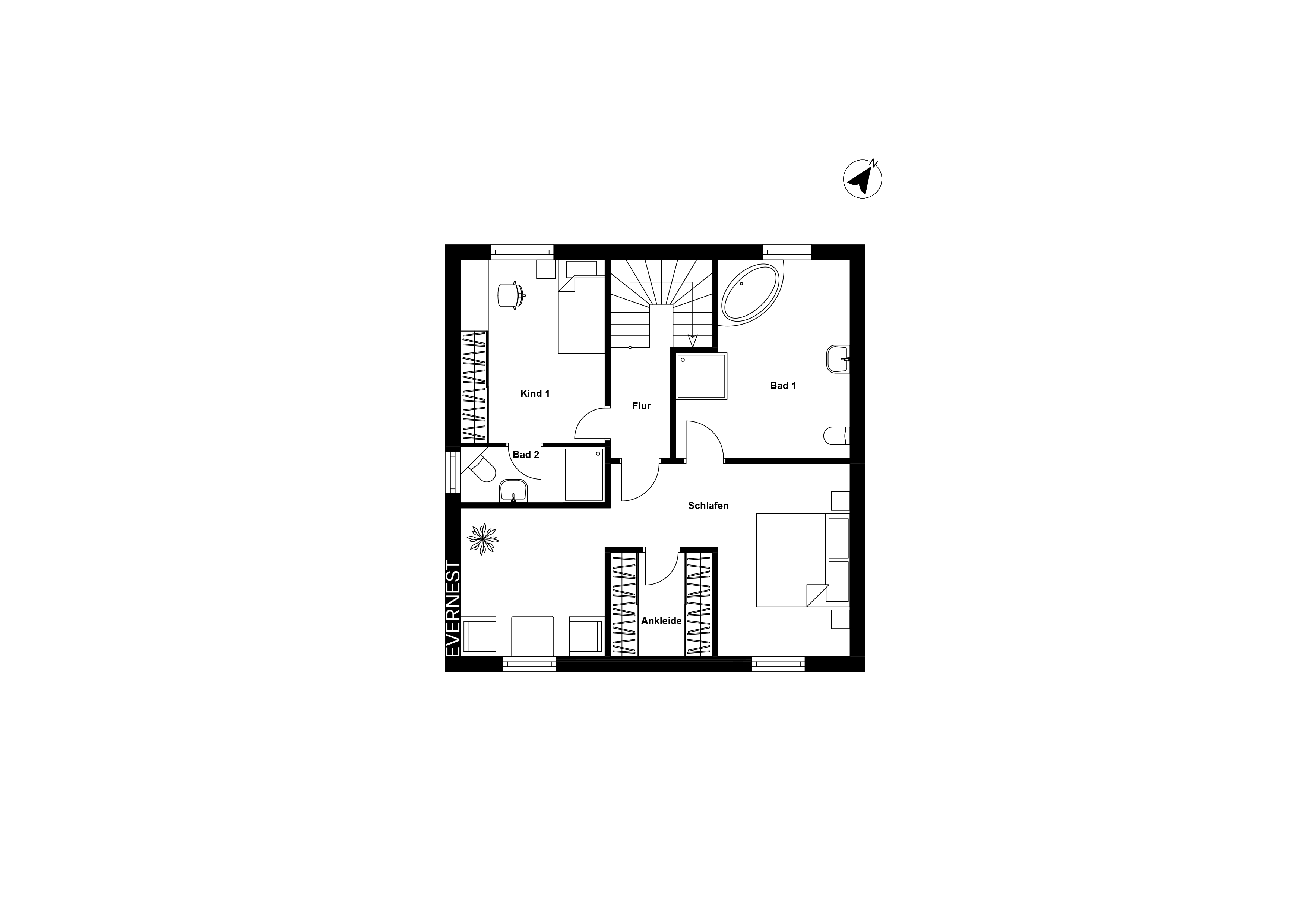 Grundriss mit Schlafzimmer, Kinderzimmer, zwei Bädern, Ankleide und Flur.