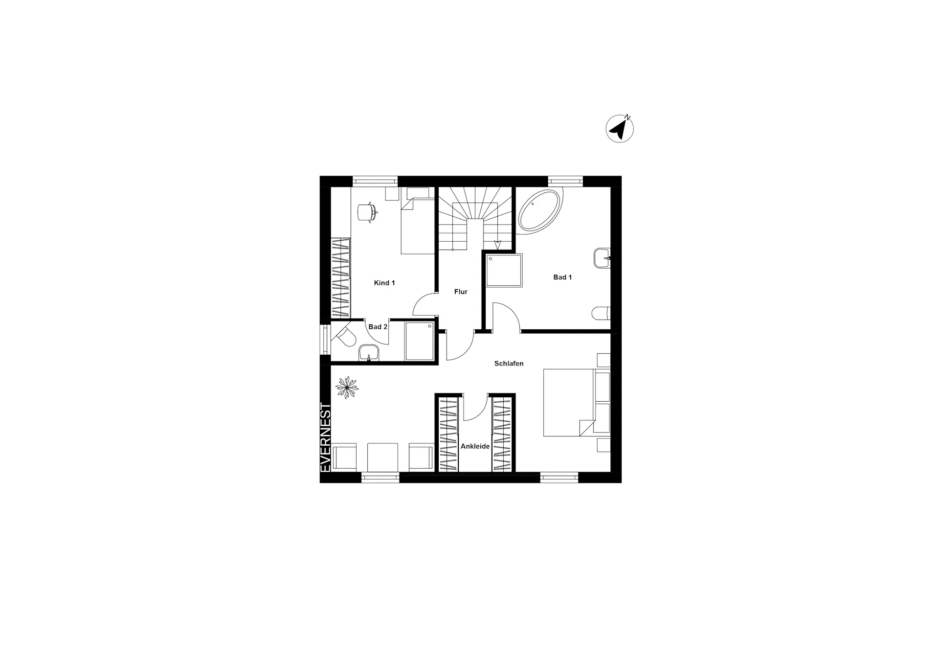 Grundriss mit Schlafzimmer, Kinderzimmer, zwei Bädern, Ankleide und Flur.