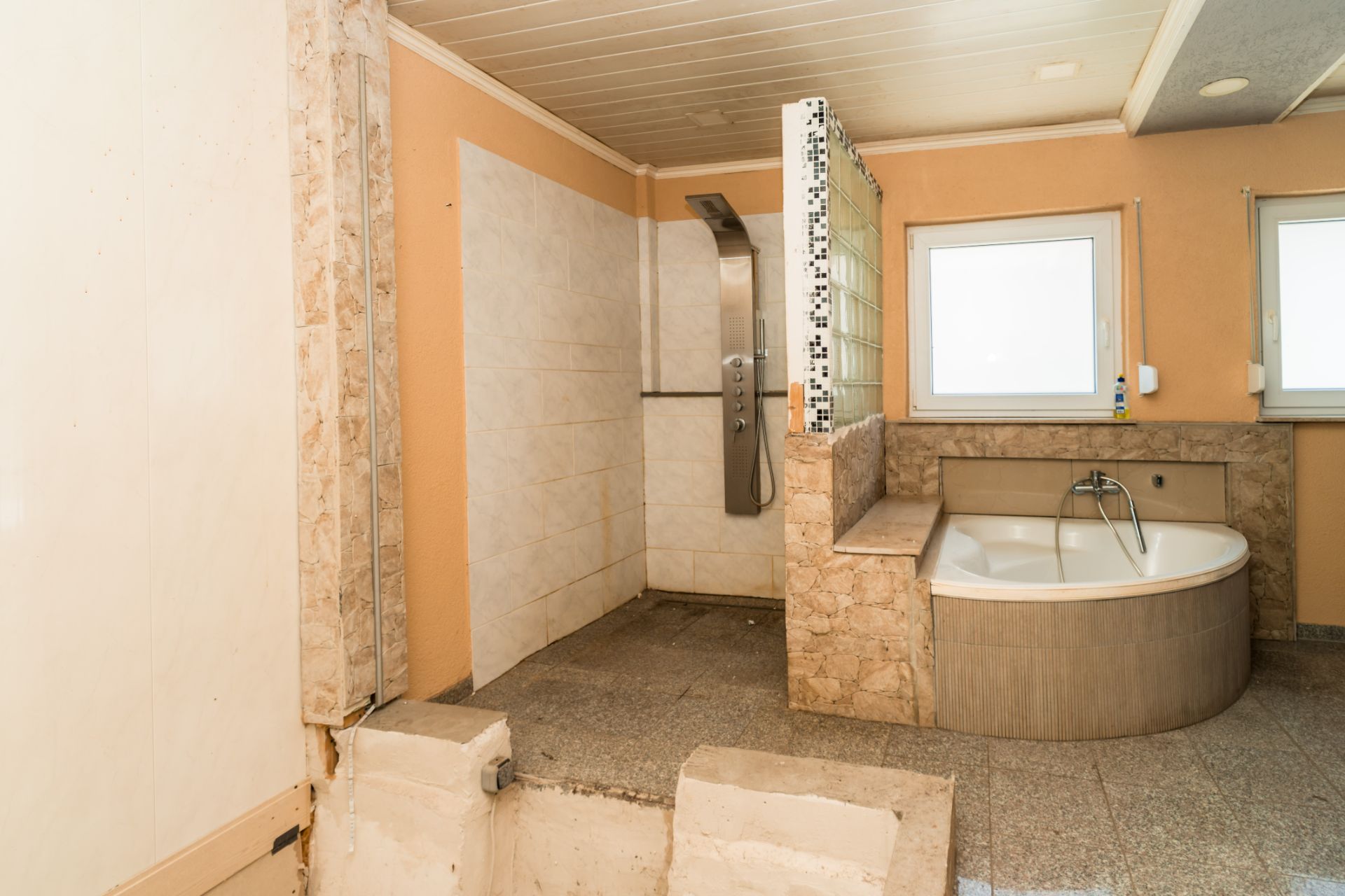 Badezimmer mit begehbarer Dusche und Badewanne, zwei Fenstern und gefliesten Wänden.