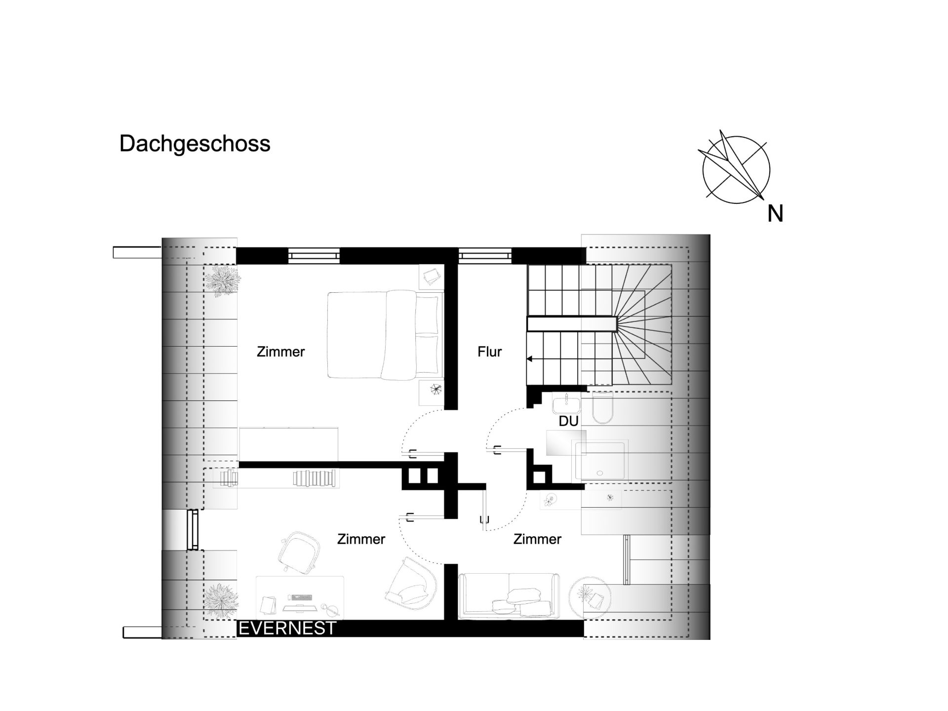 Grundriss eines Dachgeschosses mit drei Zimmern, Flur, Dusche und Treppe.