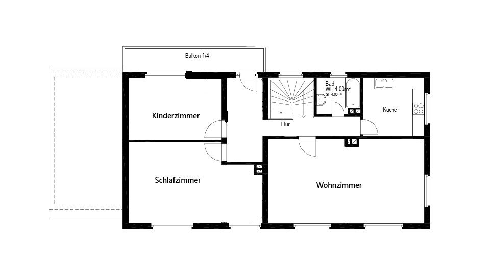 Grundriss einer Wohnung mit Kinderzimmer, Schlafzimmer, Wohnzimmer, Bad, Küche, Flur und Balkon.