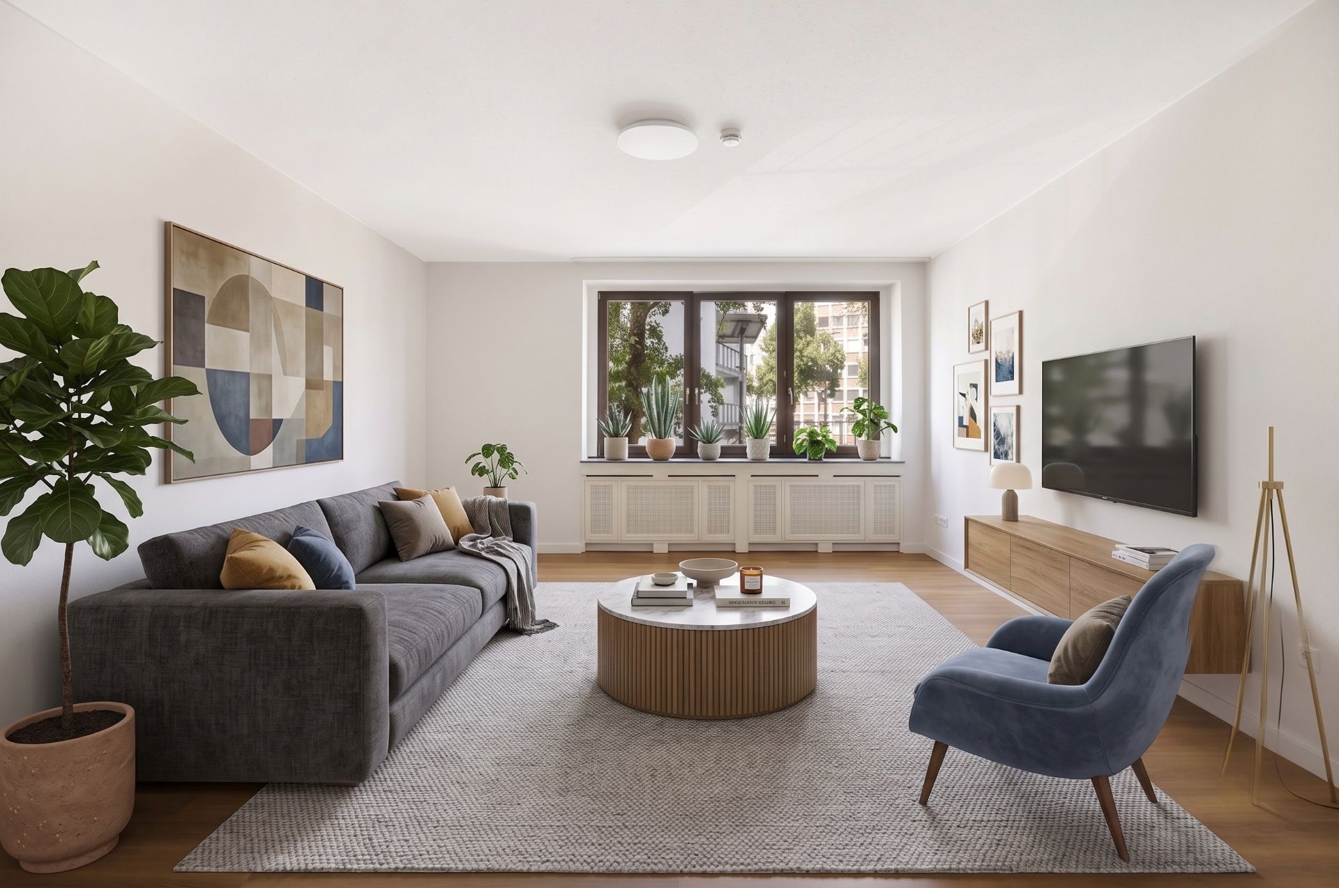 Modernes Wohnzimmer mit grauem Sofa, Sessel, Couchtisch, Teppich und Pflanzen am Fenster.