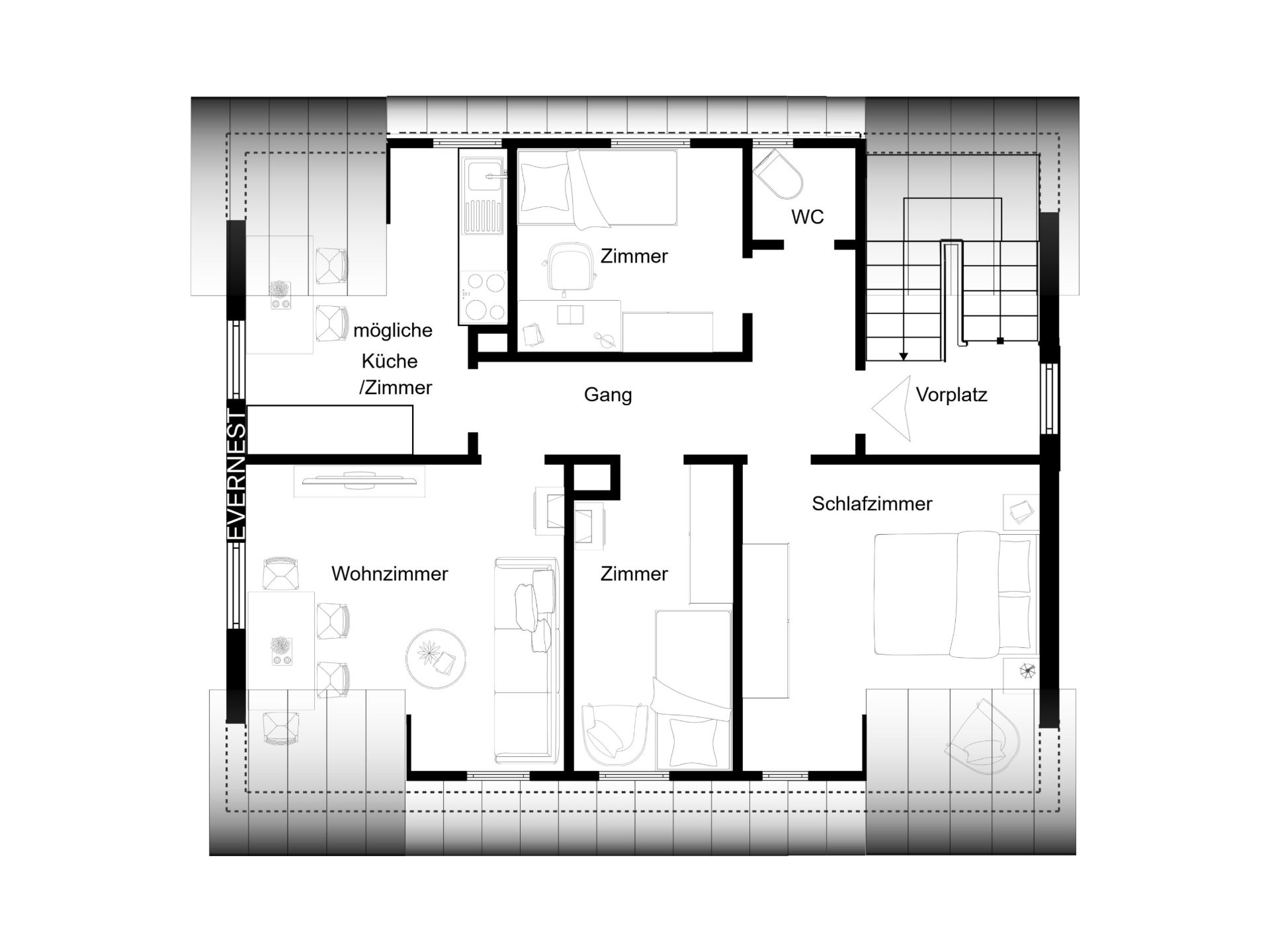 Grundriss einer Wohnung mit Wohnzimmer, Schlafzimmer, Zimmern, Küche, WC und Flur.