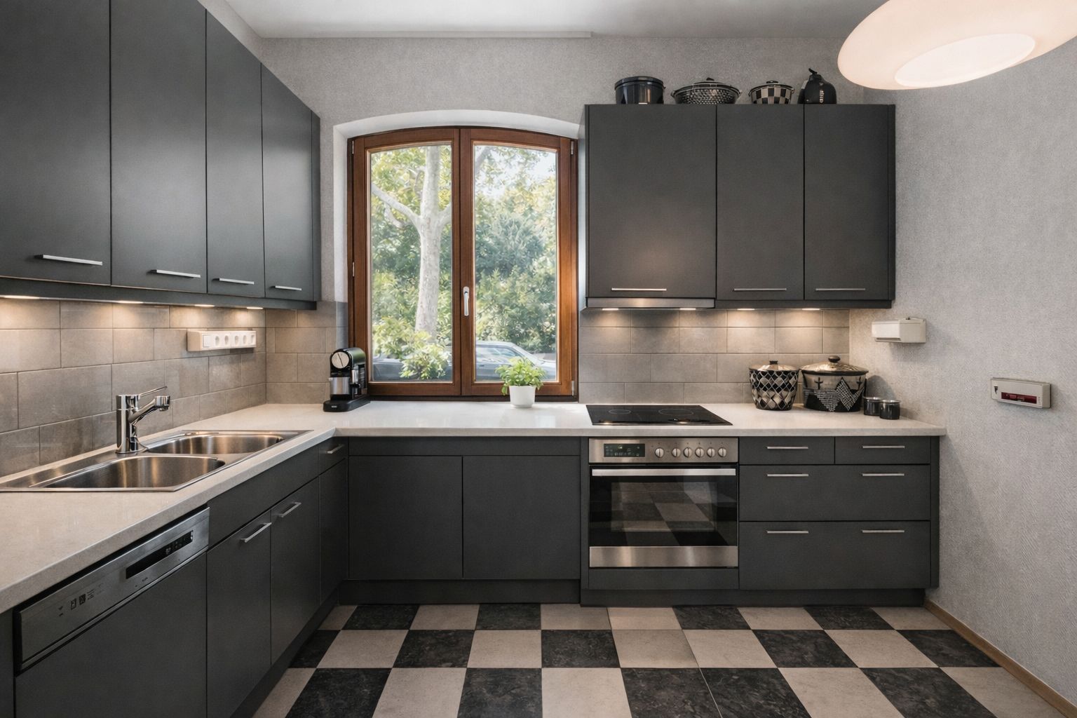 Moderne Küche mit grauen Schränken, großem Fenster und schwarz-weiß kariertem Boden.