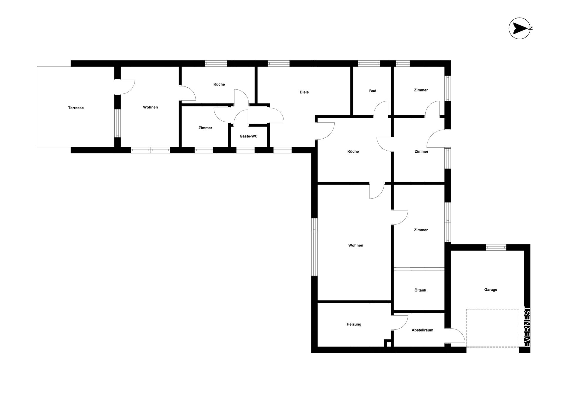 Grundriss eines Wohnhauses mit mehreren Zimmern, Küche, Bad, Terrasse, Garage und Abstellraum.