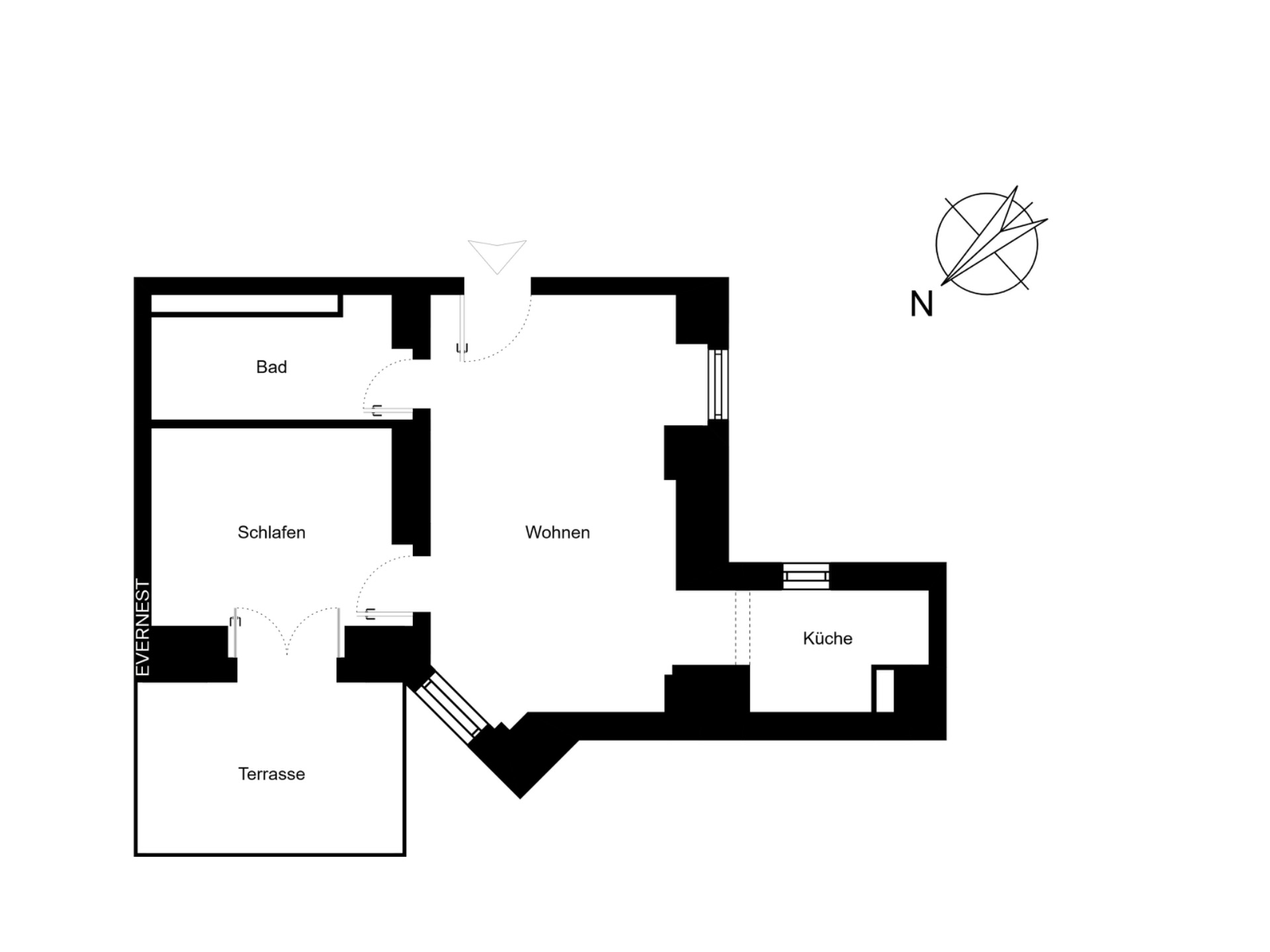 Grundriss mit Zimmern: Bad, Schlafen, Wohnen, Küche und Terrasse sind beschriftet.