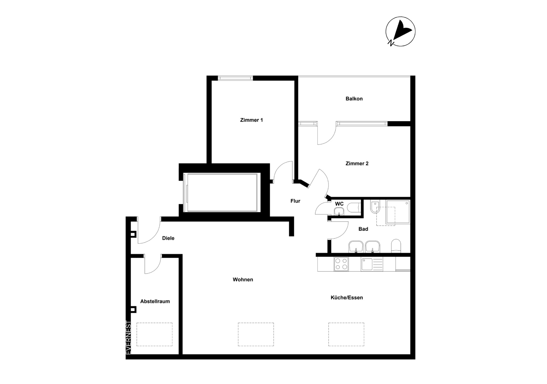 Grundriss einer Wohnung mit zwei Zimmern, Wohnzimmer, Küche, Bad, WC, Abstellraum und Balkon.