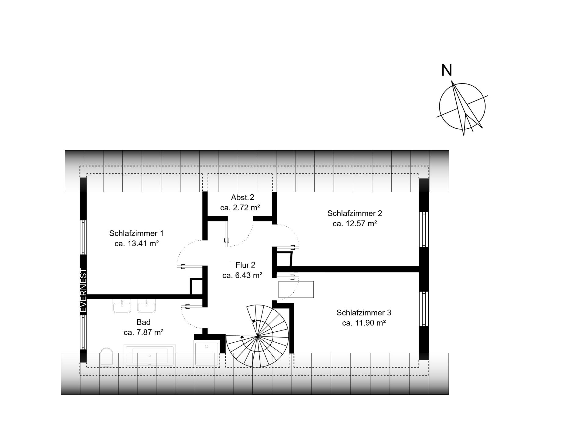 Grundriss mit drei Schlafzimmern, Bad, kleinem Abstellraum und Flur sowie Treppe in der Mitte.