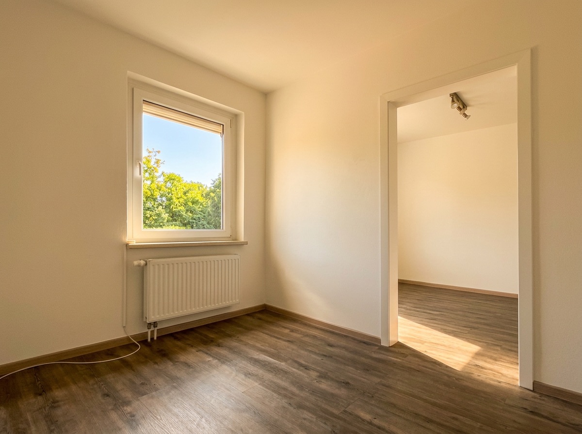 Helles Zimmer mit Fenster, Heizkörper und Holzboden, angrenzend an ein weiteres Zimmer.