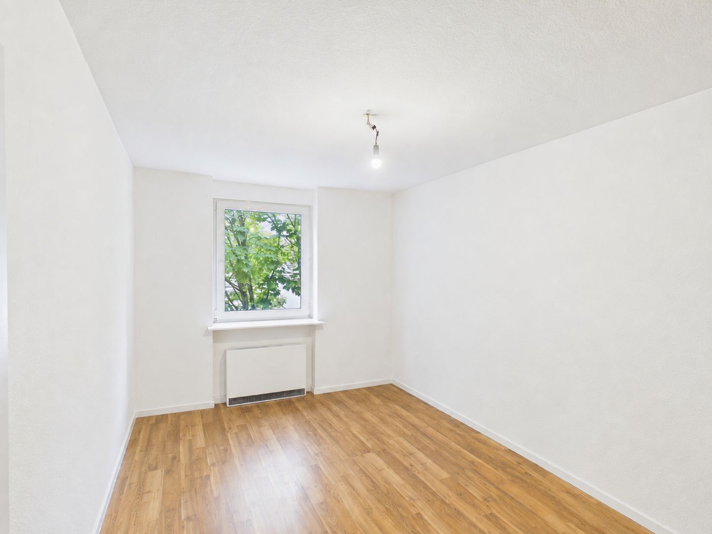 Heller leerer Raum mit Holzboden, weiß gestrichenen Wänden und Fenster mit Blick ins Grüne.