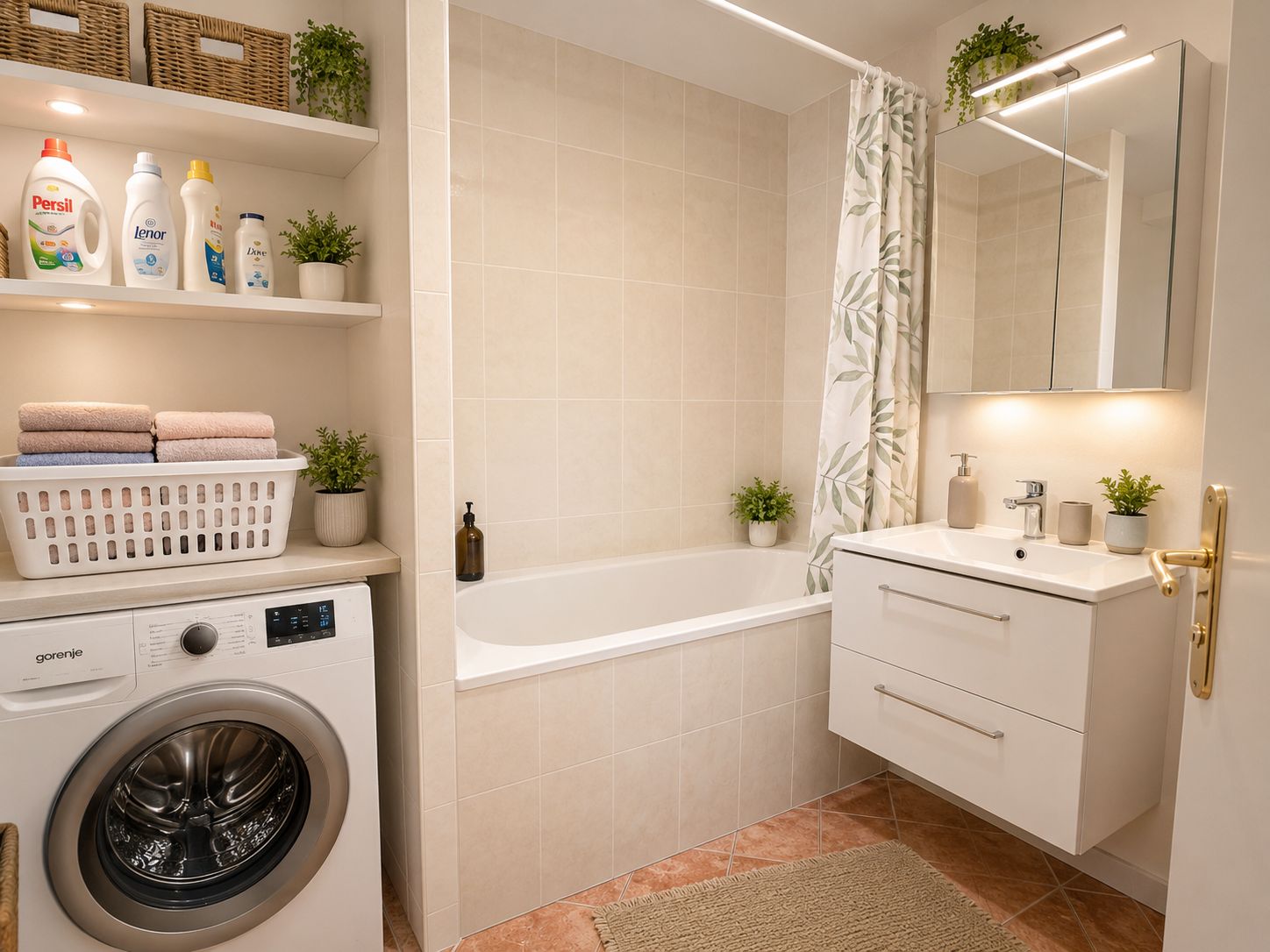 Modernes Badezimmer mit Badewanne, Waschmaschine, Waschbecken und Regalen mit Handtüchern und Pflanzen.