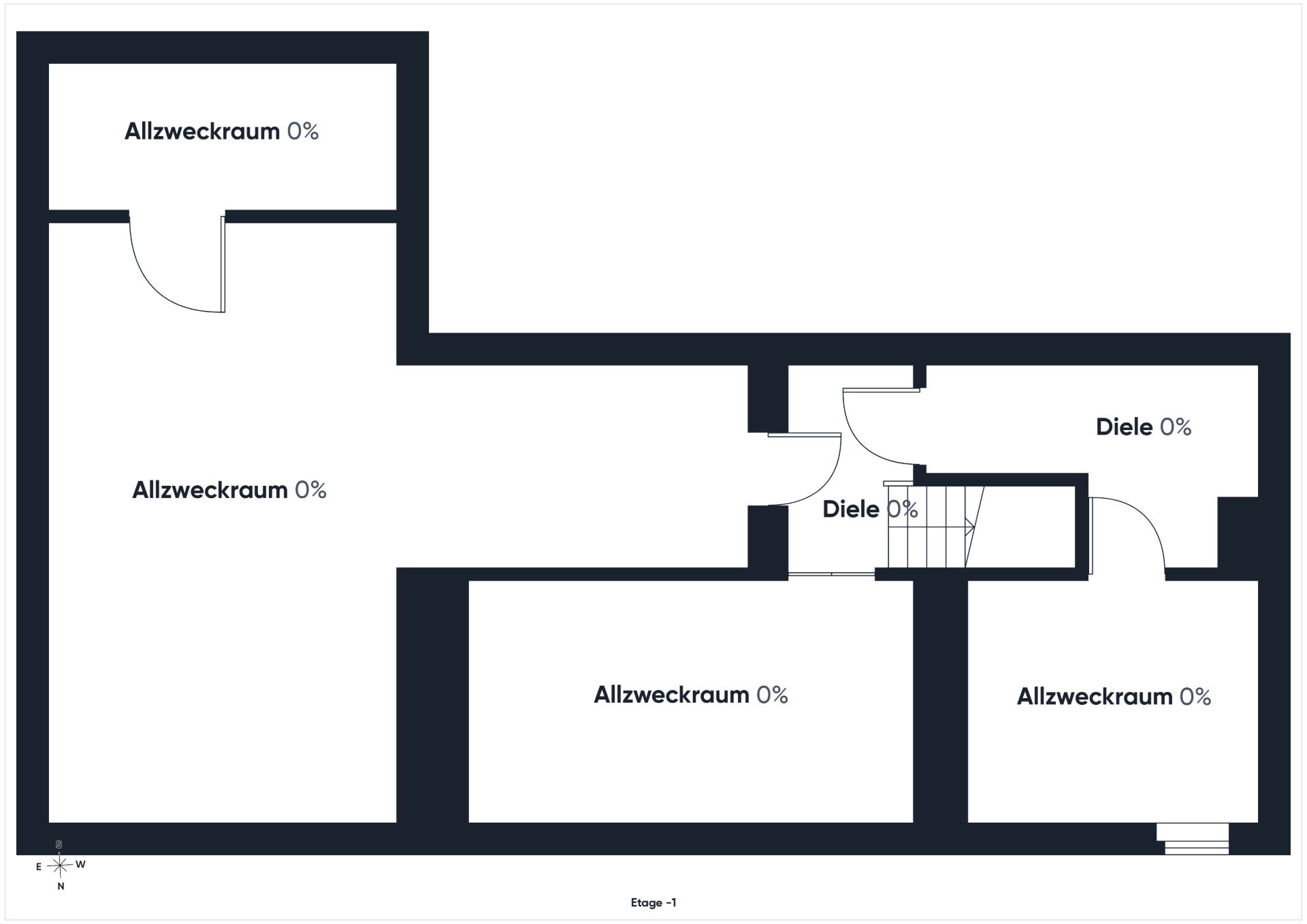 Grundriss eines Wohnhauses mit mehreren Allzweckräumen und Dielen.
