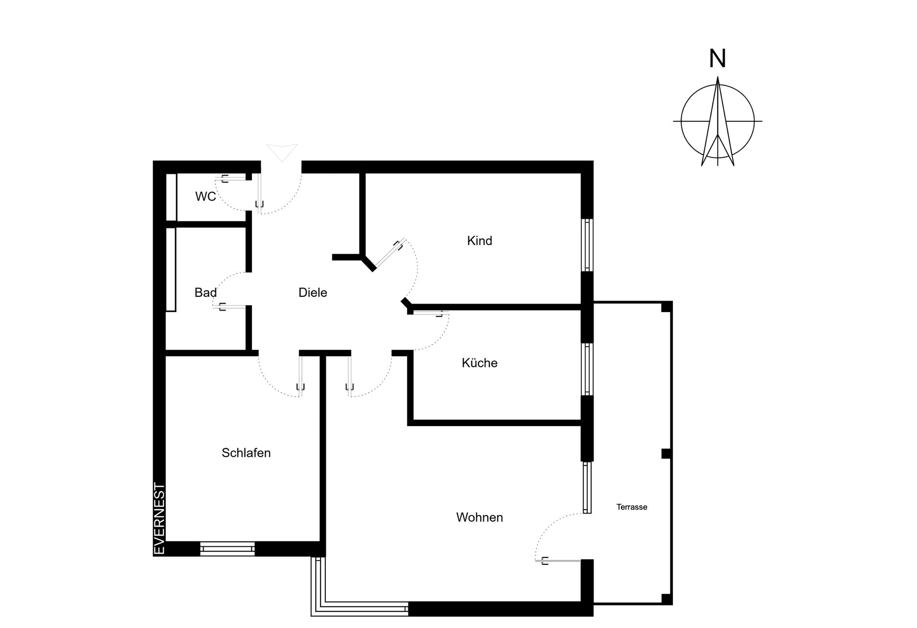 Grundriss einer Wohnung mit Schlafzimmer, Kinderzimmer, Bad, WC, Küche, Wohnzimmer und Terrasse.