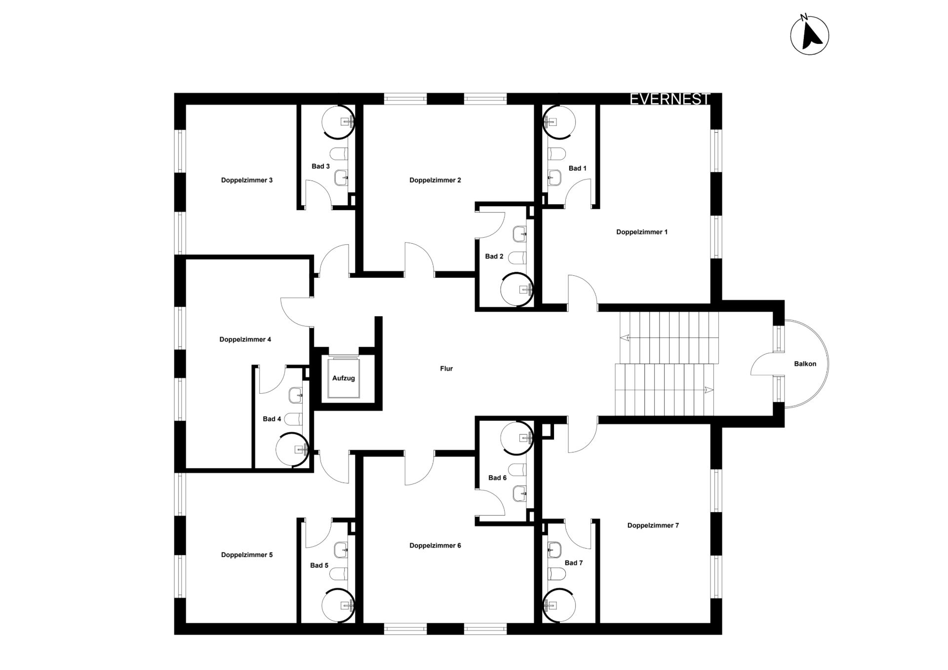 Grundriss mit sieben Doppelzimmern, sieben Bädern, Flur, Balkon und Aufzug.