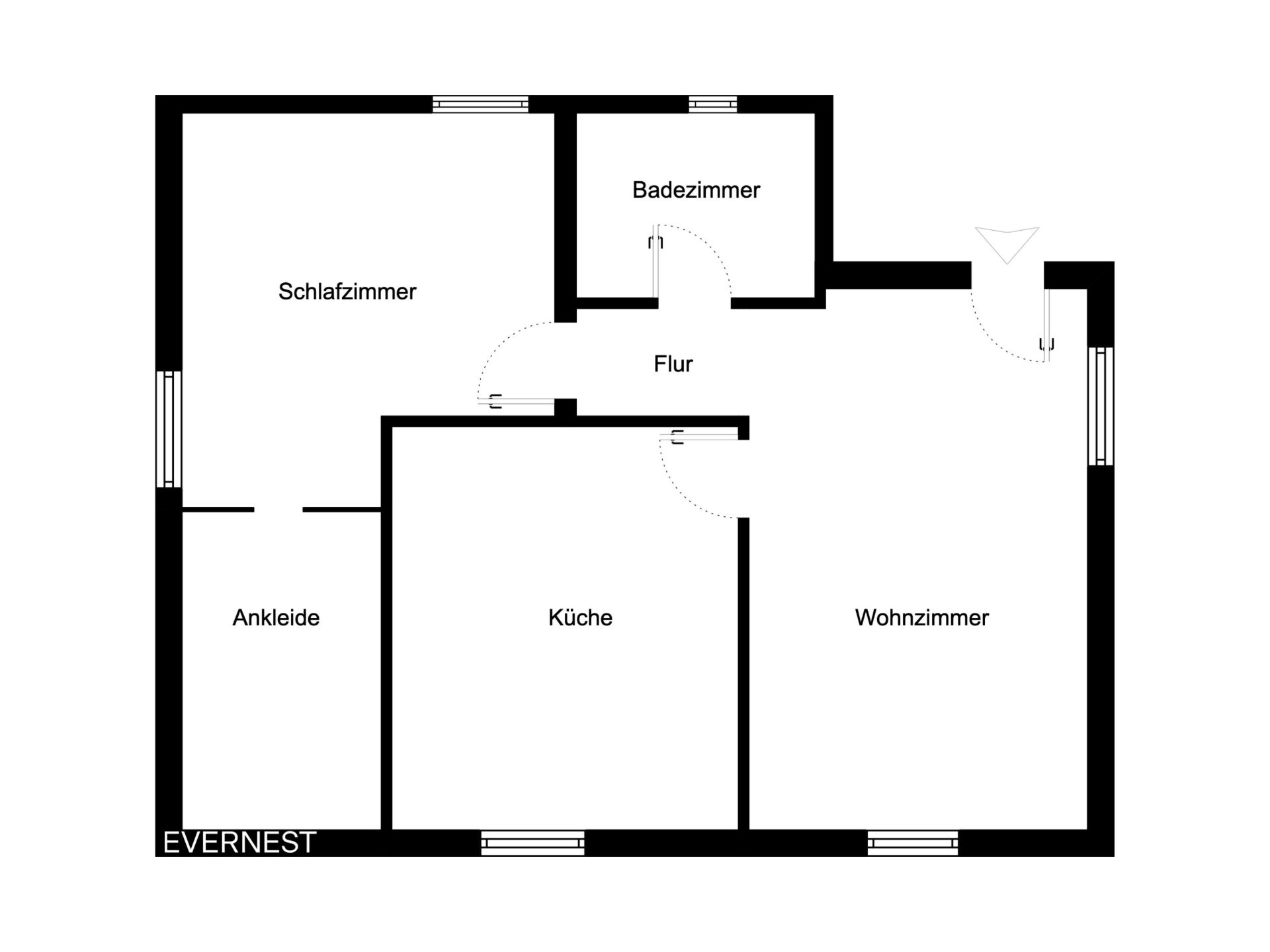 Grundriss mit Schlafzimmer, Ankleide, Küche, Wohnzimmer, Badezimmer und Flur.
