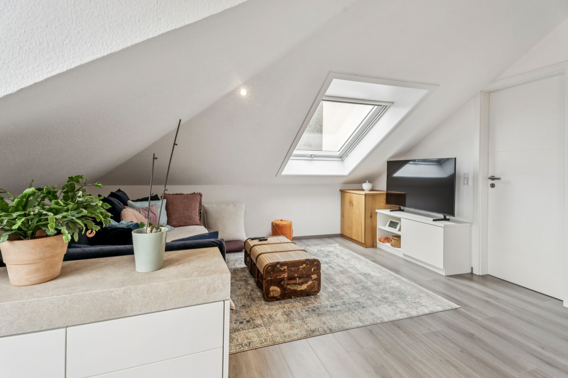 Wohnzimmer im Dachgeschoss mit Sofa, Fernseher, Pflanzen und Dachfenster.