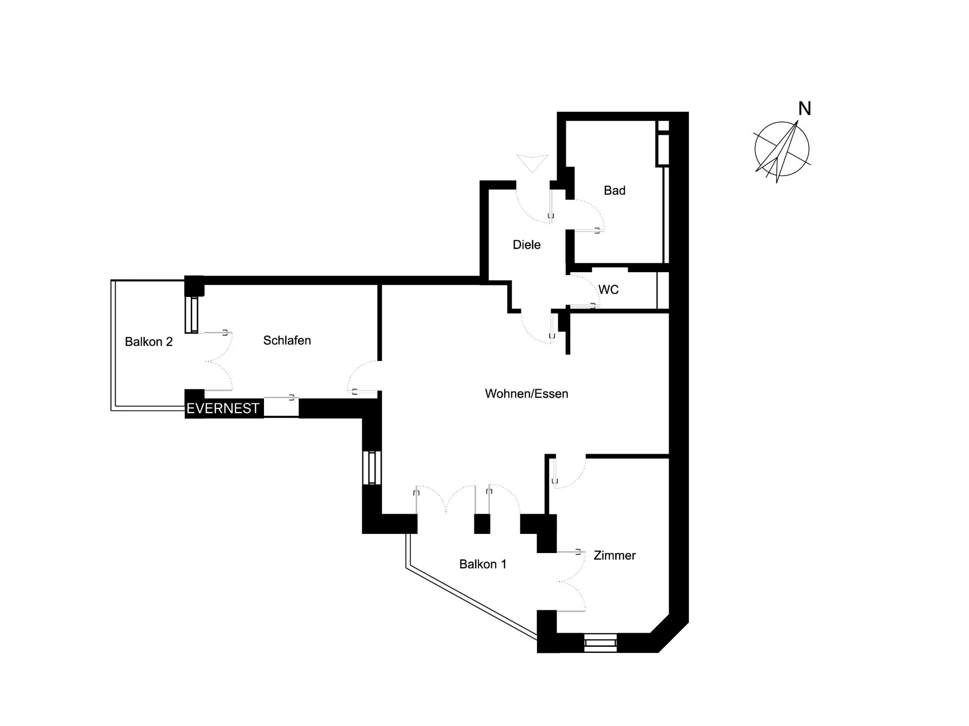 Grundriss einer Wohnung mit zwei Balkonen, Schlafzimmer, Zimmer, Bad, WC und Wohn-/Essbereich.