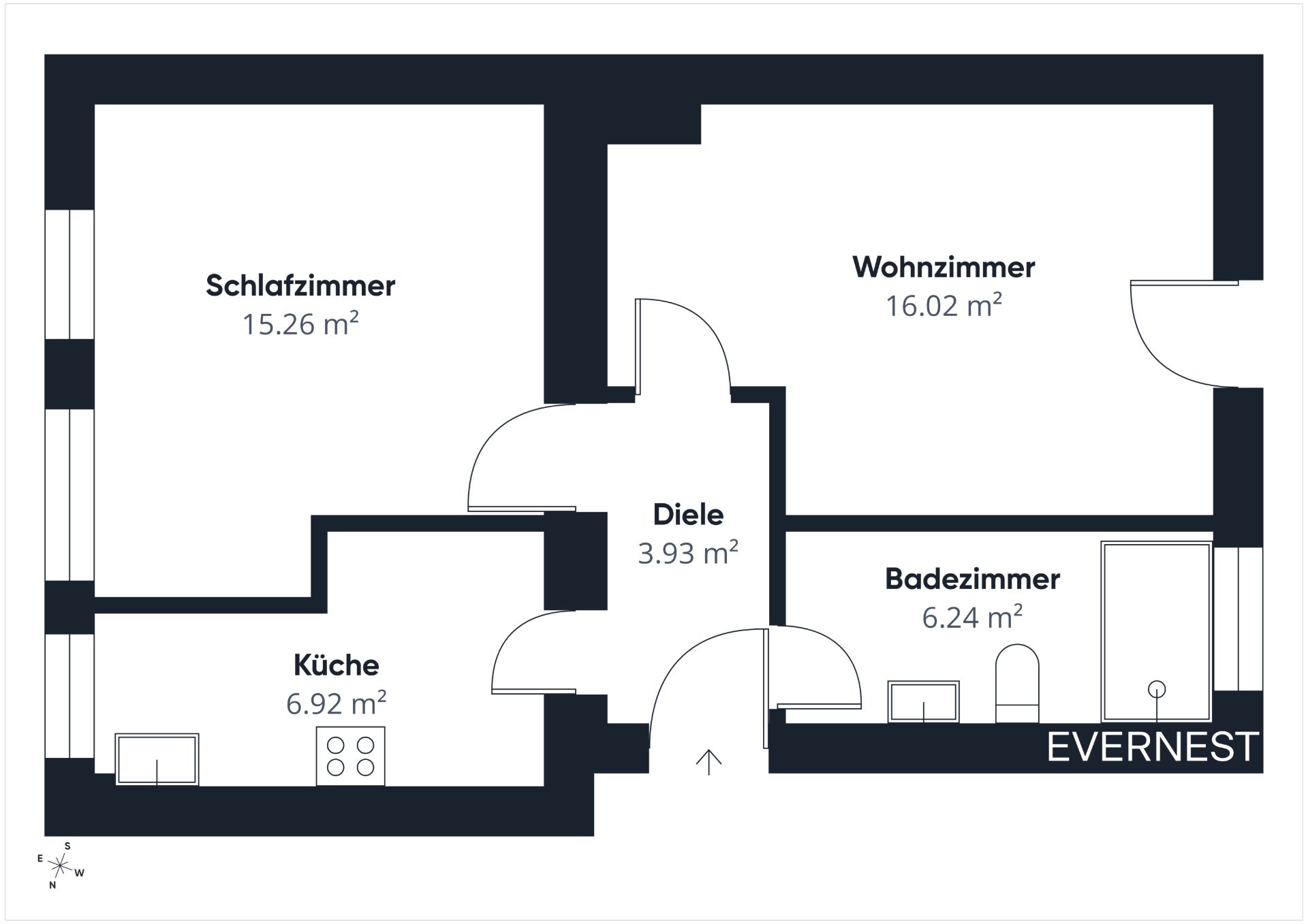 Grundriss einer Wohnung mit Schlafzimmer, Wohnzimmer, Küche, Bad und Diele.