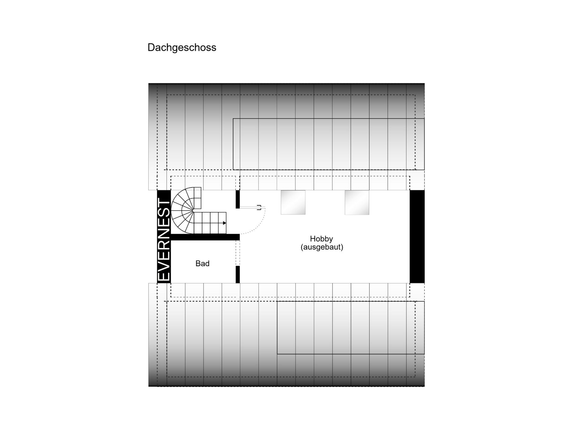 Grundriss des Dachgeschosses mit Bad und ausgebautem Hobbyraum.