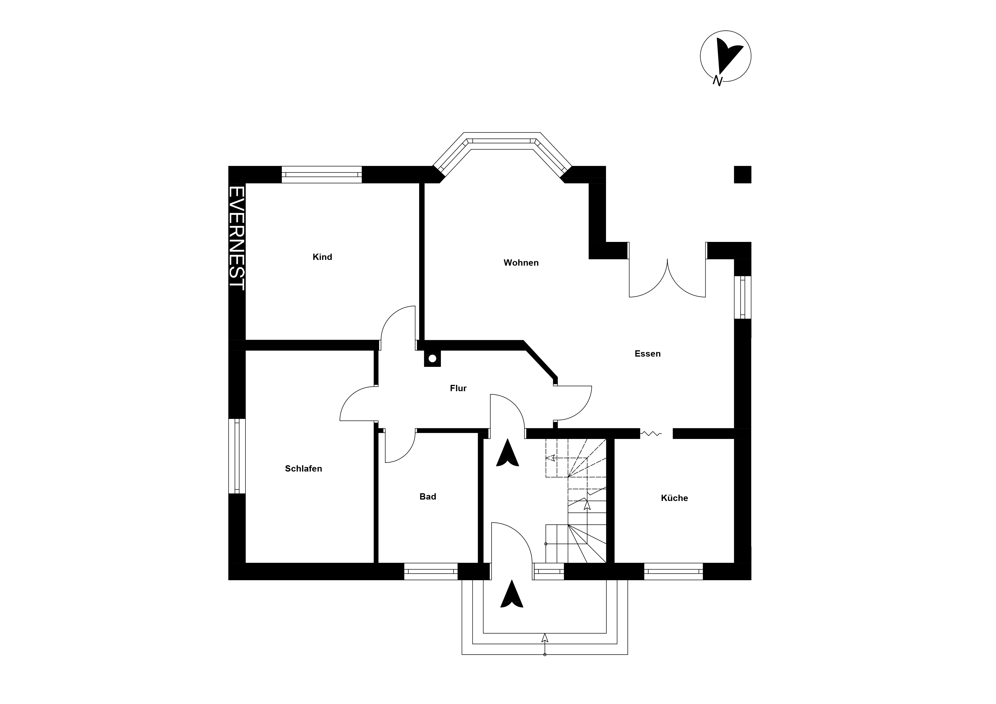 Grundriss mit Räumen: Kind, Schlafen, Wohnen, Essen, Küche, Bad und Flur.