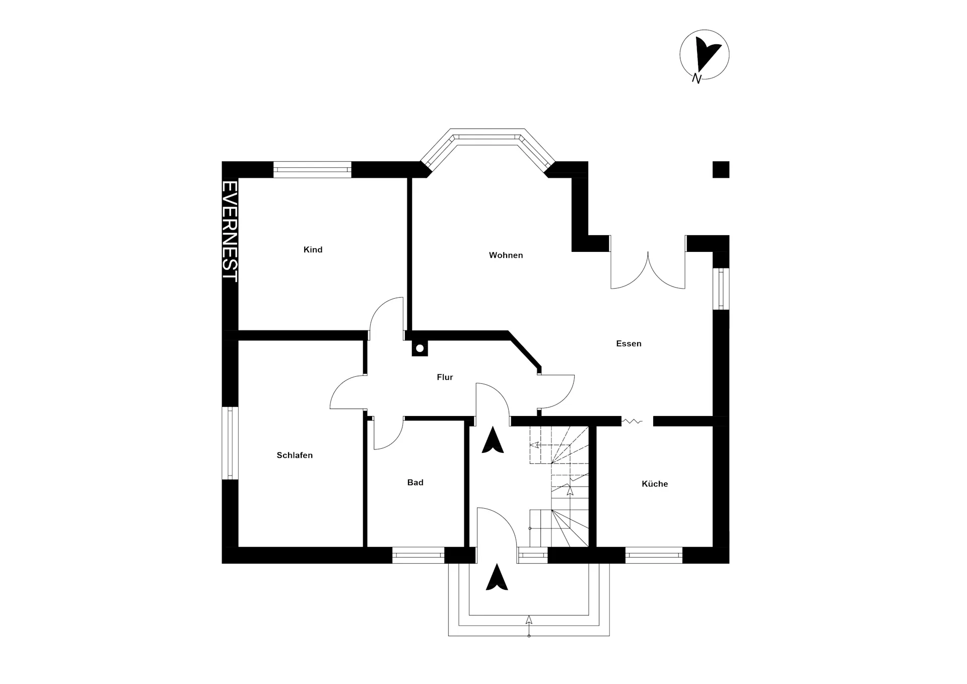 Grundriss mit Räumen: Kind, Schlafen, Wohnen, Essen, Küche, Bad und Flur.