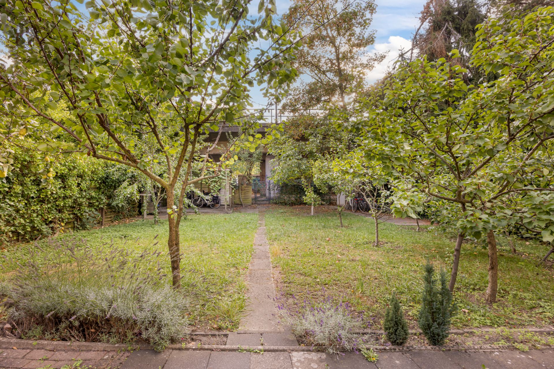 Grüner Garten mit mehreren Bäumen, Rasenfläche und gepflastertem Weg in der Mitte.