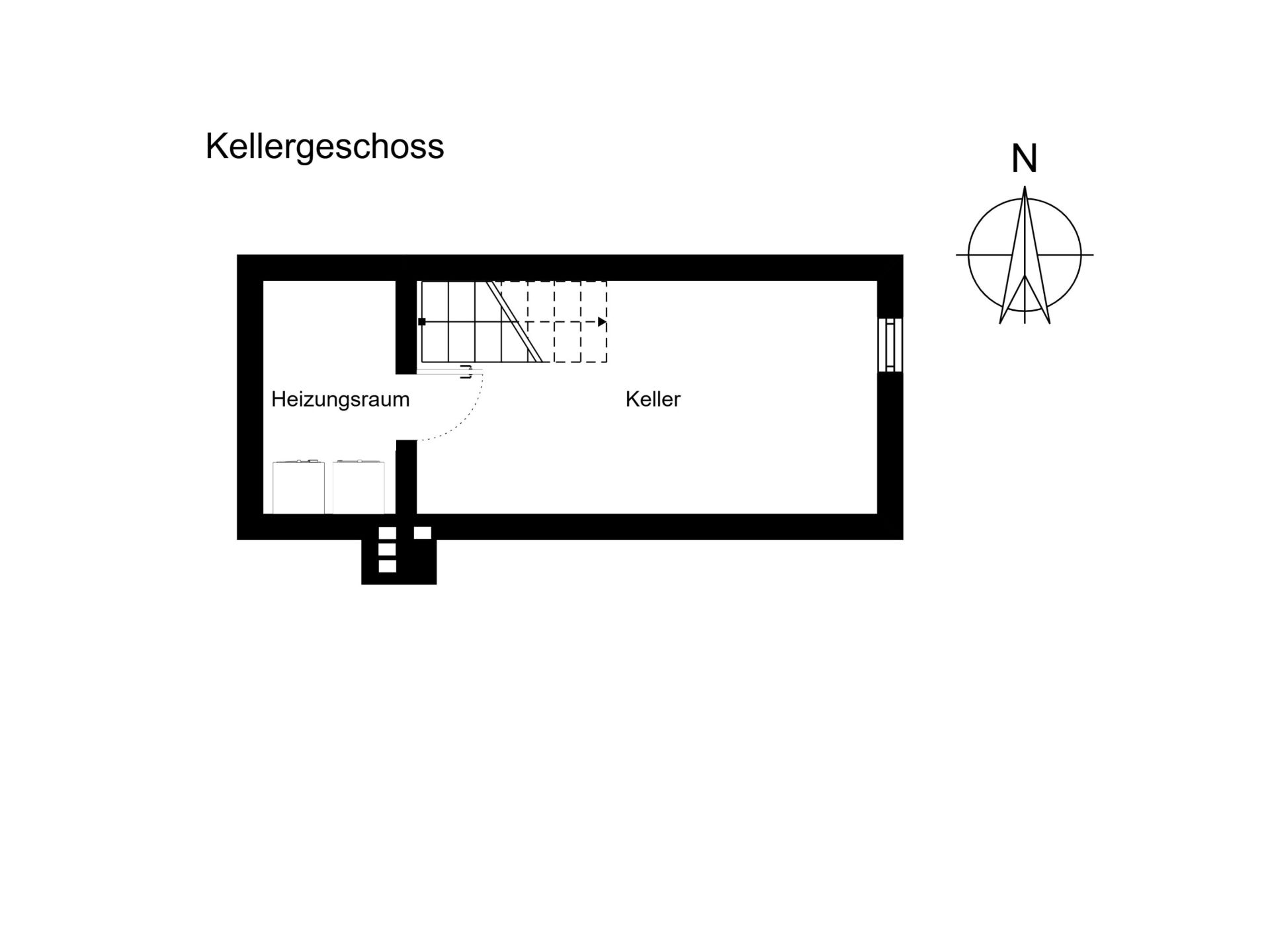 Grundriss des Kellergeschosses mit Heizungsraum und Kellerraum, Treppe und Eingang sind sichtbar.
