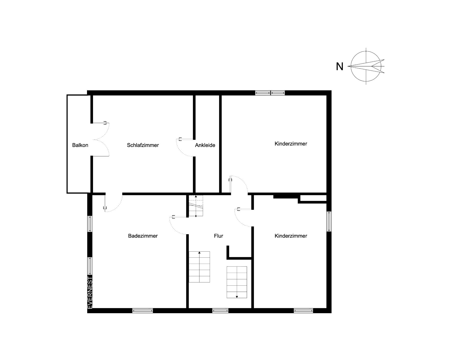 Grundriss eines Wohnbereichs mit Schlafzimmer, Ankleide, zwei Kinderzimmern, Bad, Flur und Balkon.
